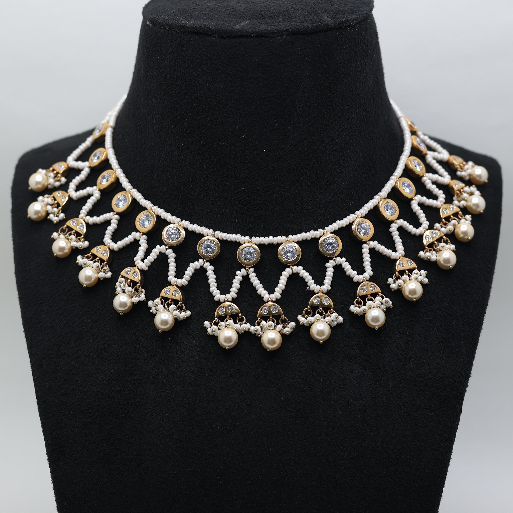 Elegant Faux Pearl Yellow Gold Traditional Chokar Necklace For Woman