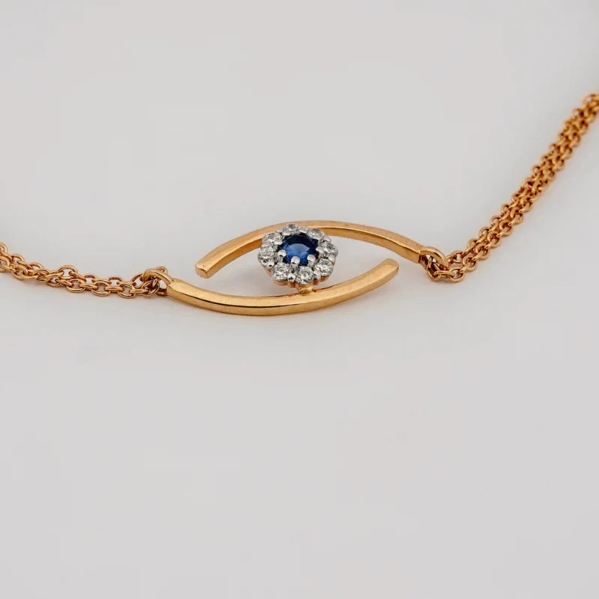 Silver Sapphire Halo Adjustable Elliptical Evil Eye Charm Yellow Gold Bracelet For Woman