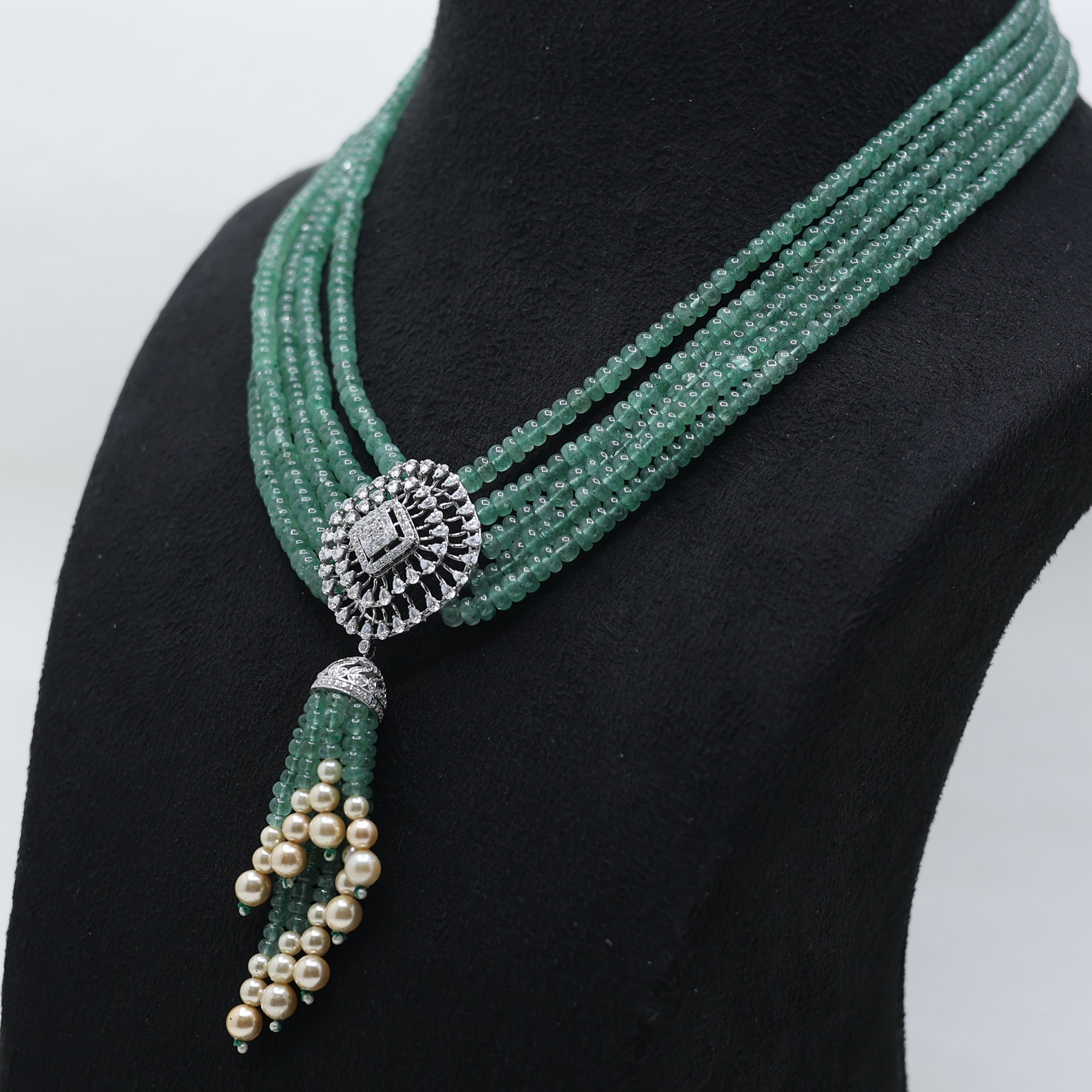 Antique Plated Multi-Layered Green Bead Pearl Necklace For Women