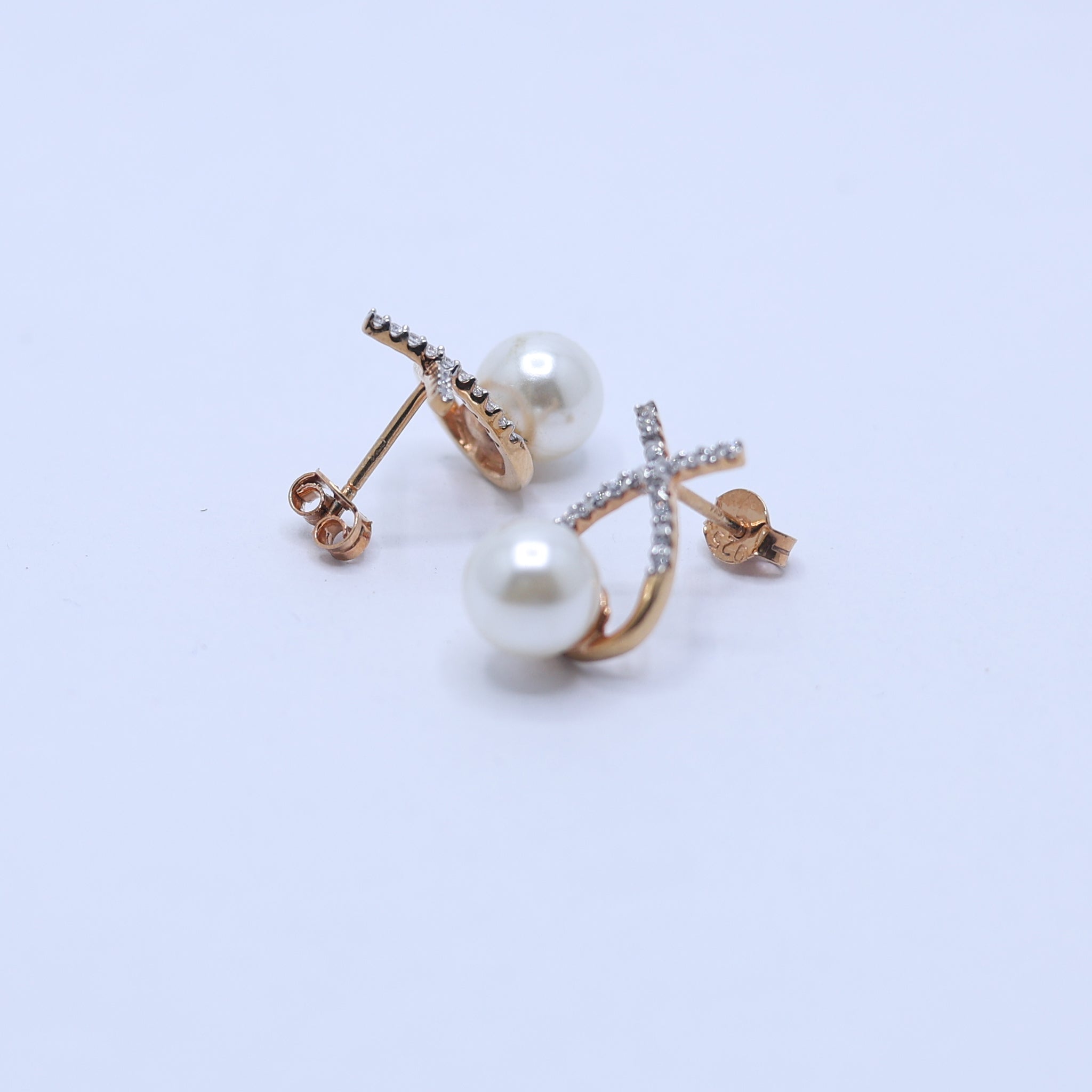 Silver Pearl Stud crossed Yellow Gold Earring For Woman