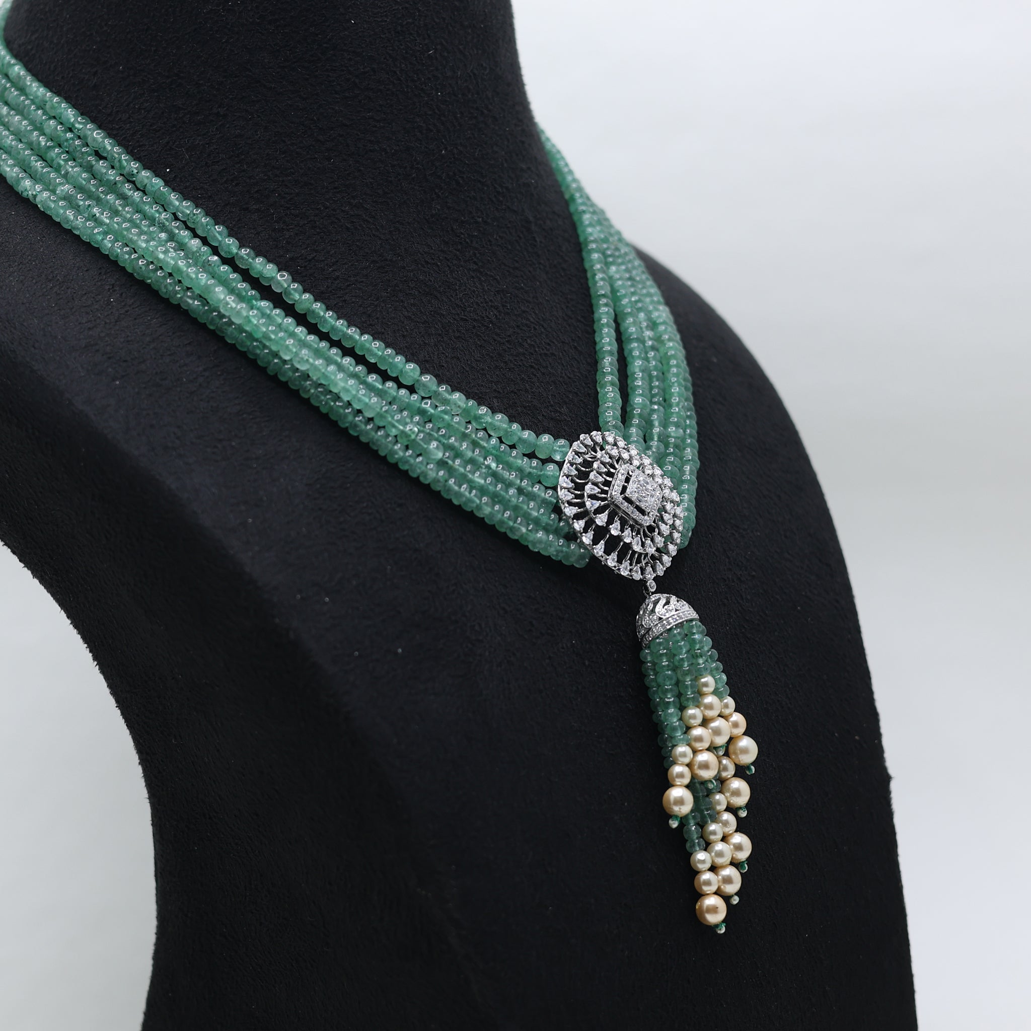 Antique Plated Multi-Layered Green Bead Pearl Necklace For Women