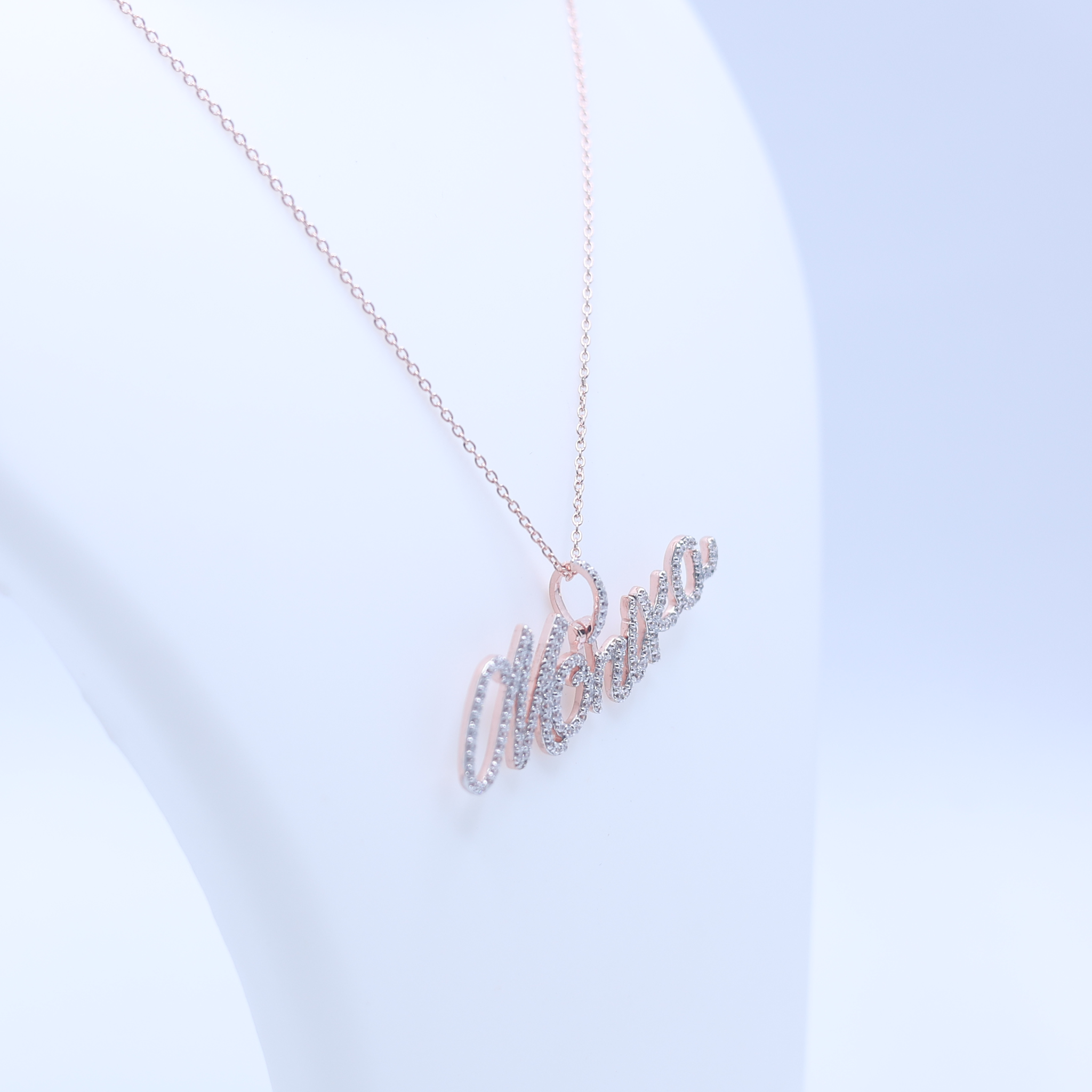 Yellow Gold Adjustable Silver White Stone Name Script Pendant For Woman