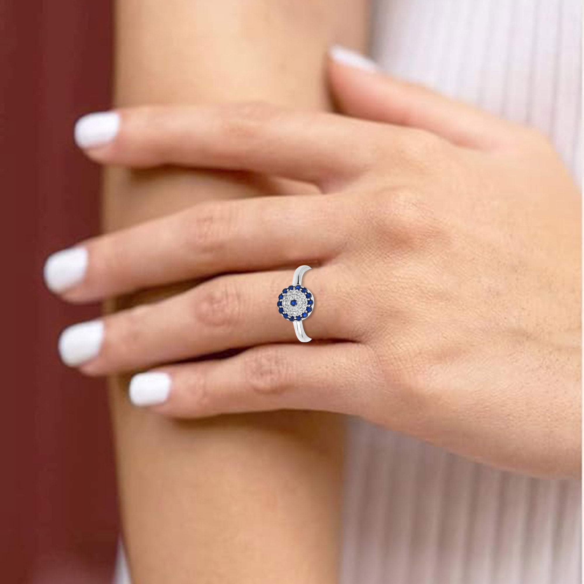 Silver Blue Sapphire Accent Adjustable Evil Eye Micro Pave Circular White Gold Ring For Woman