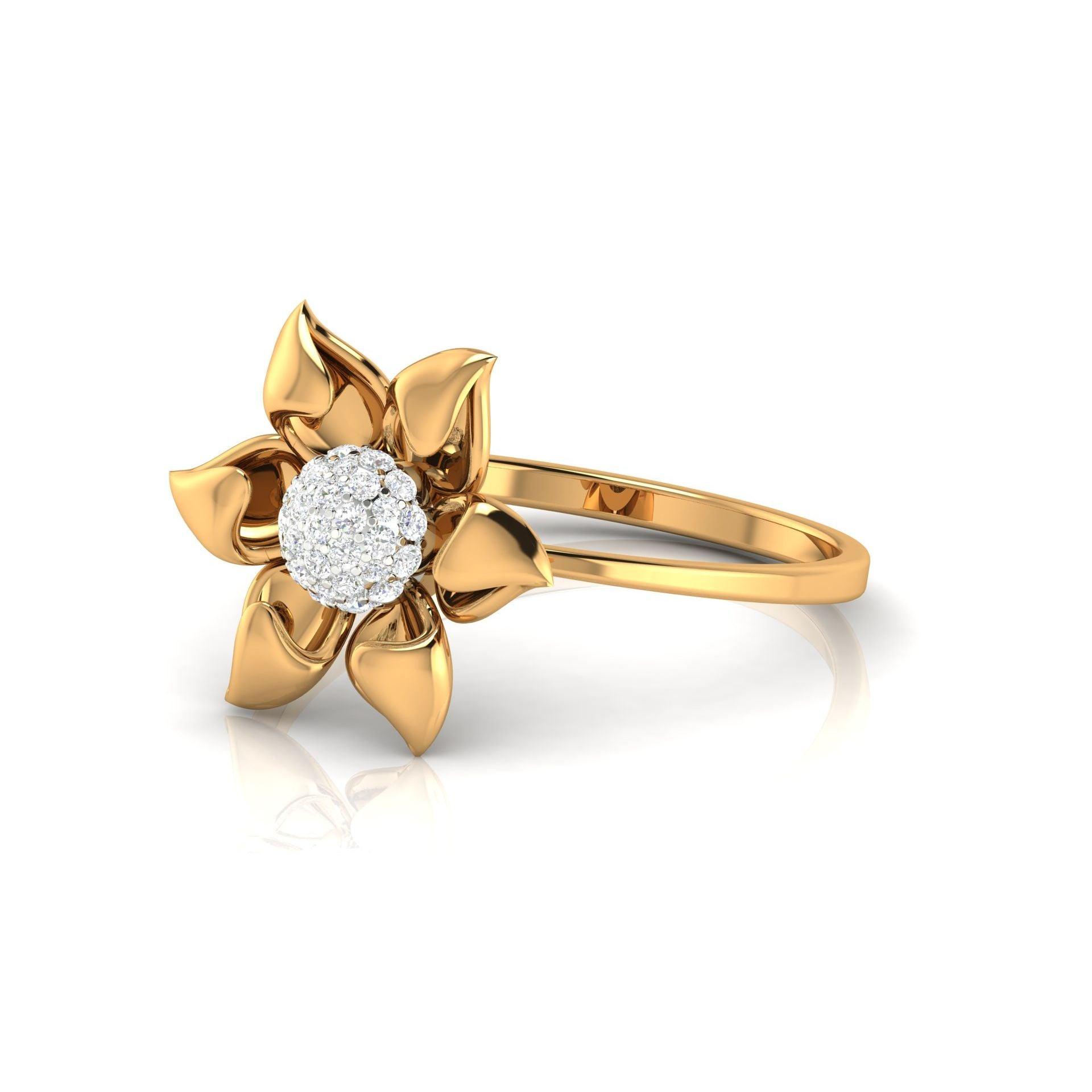 Yellow Gold Adjustable Silver Lotus Bloom Diamond Accent Ring For Woman