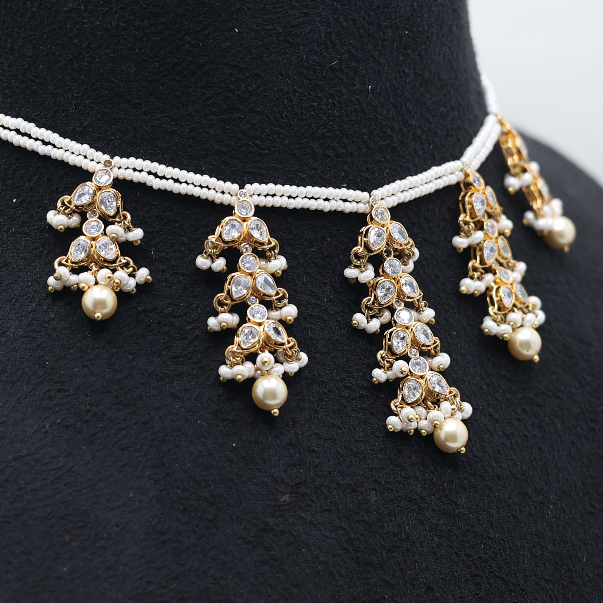 Exquisite Hanging Cluster Pearl Yellow Gold Kundan Polki Necklace For Woman