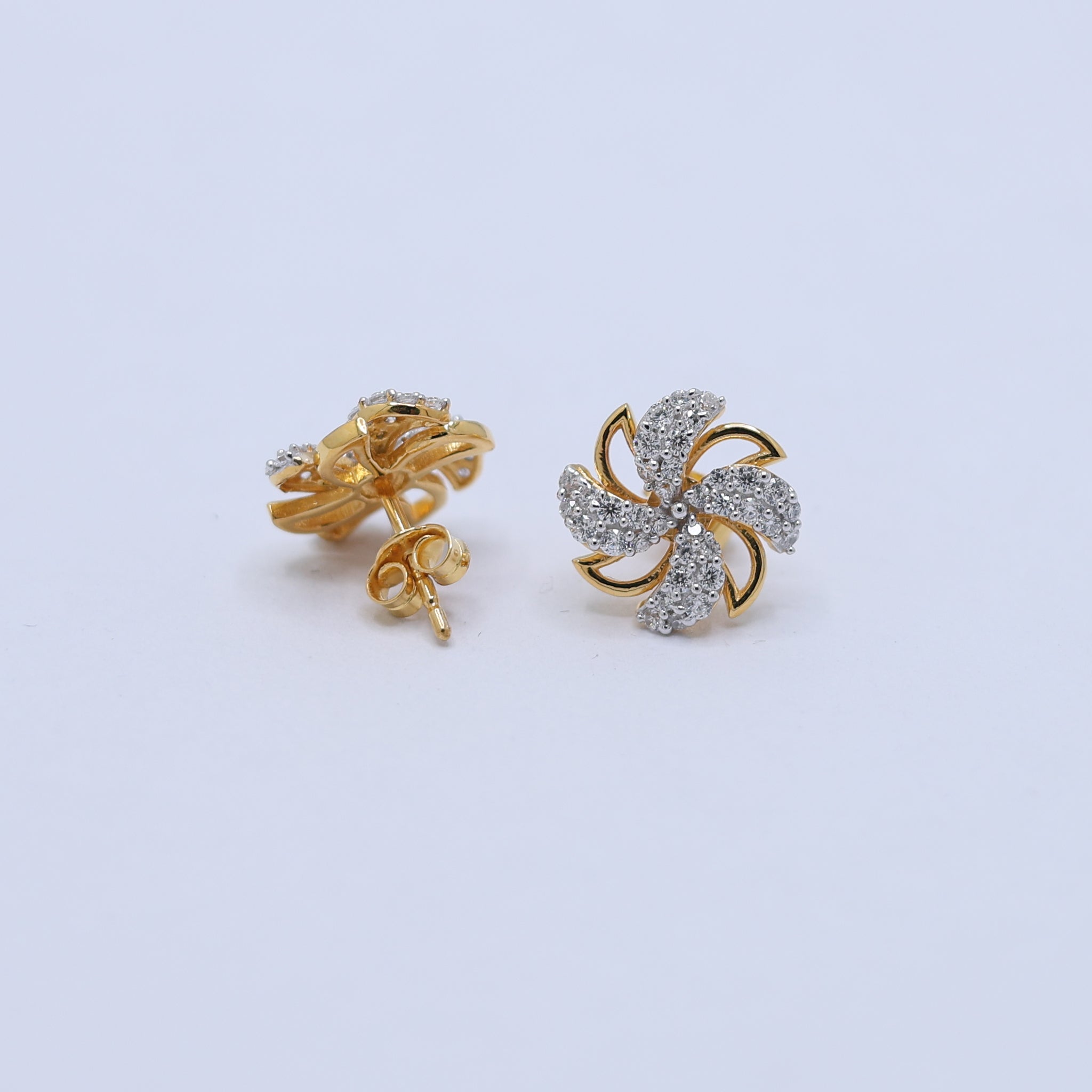 Silver Swirl Studded Pinwheel Floral Petite Stud Yellow Gold Earring For Woman