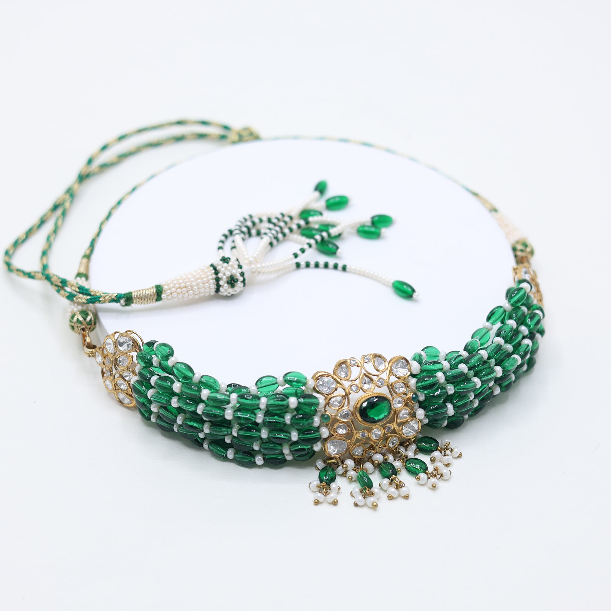 Yellow Gold Plated Multi-Strand Green Bead Necklace For Women