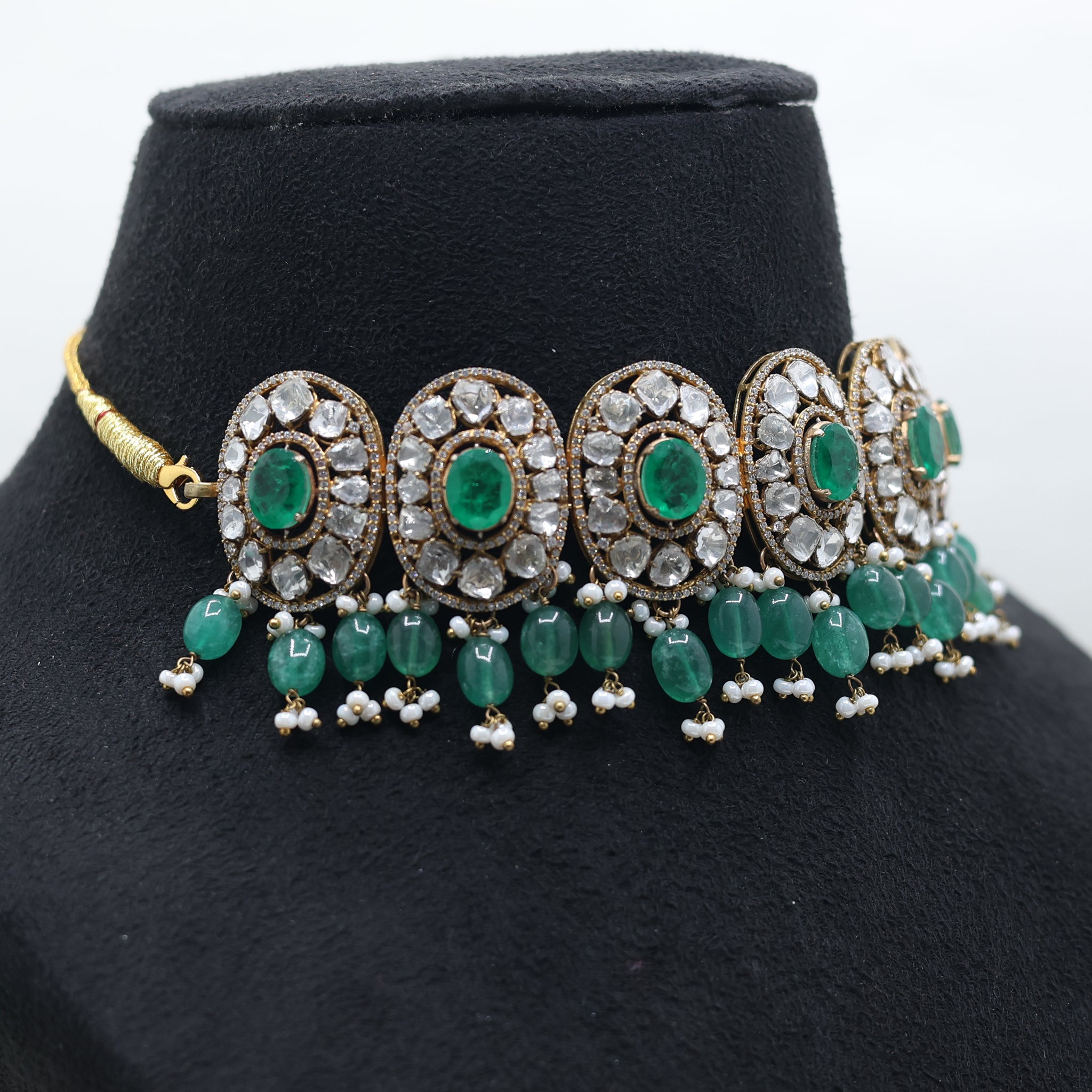 Yellow Gold Plated Green Stone Kundan Elegant Necklace For Women