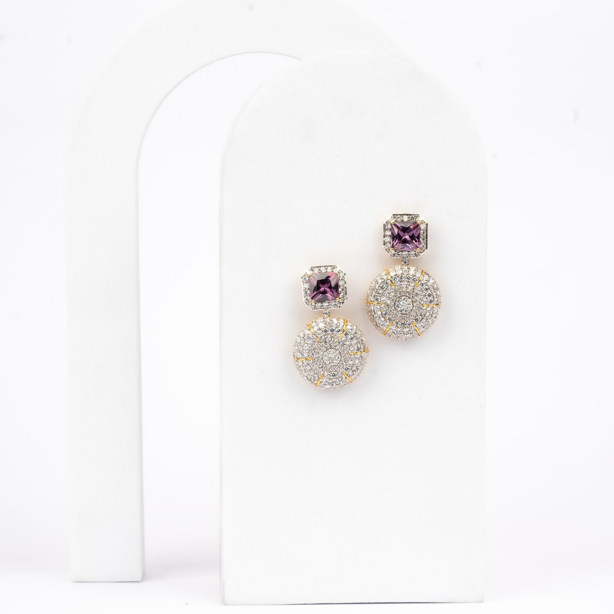 Silver Yellow Gold Amethyst Round Dangle Earring For Women