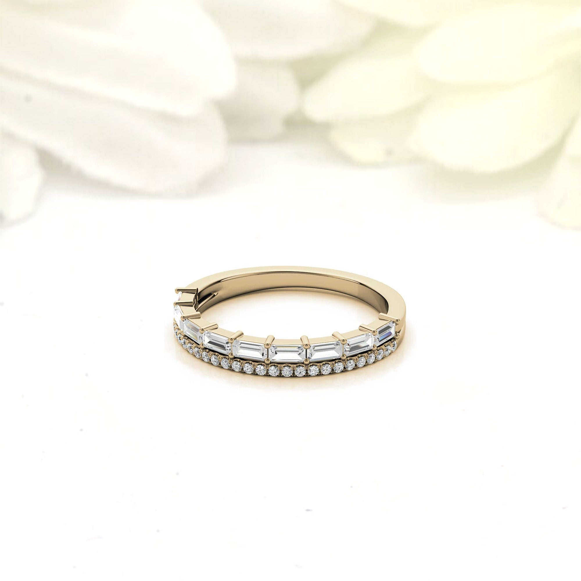 Yellow Gold Silver Eternity Dual-Row Adjustable Baguette Round Cut Ring For Woman