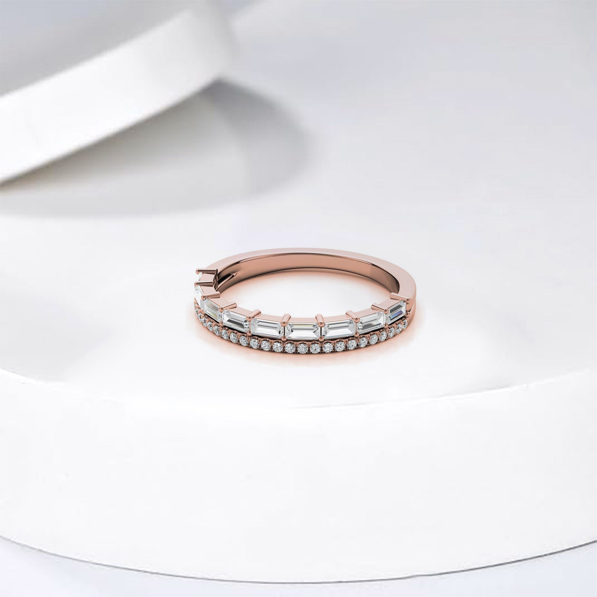 Rose Gold Silver Eternity Dual-Row Adjustable Baguette Round Cut Ring For Woman