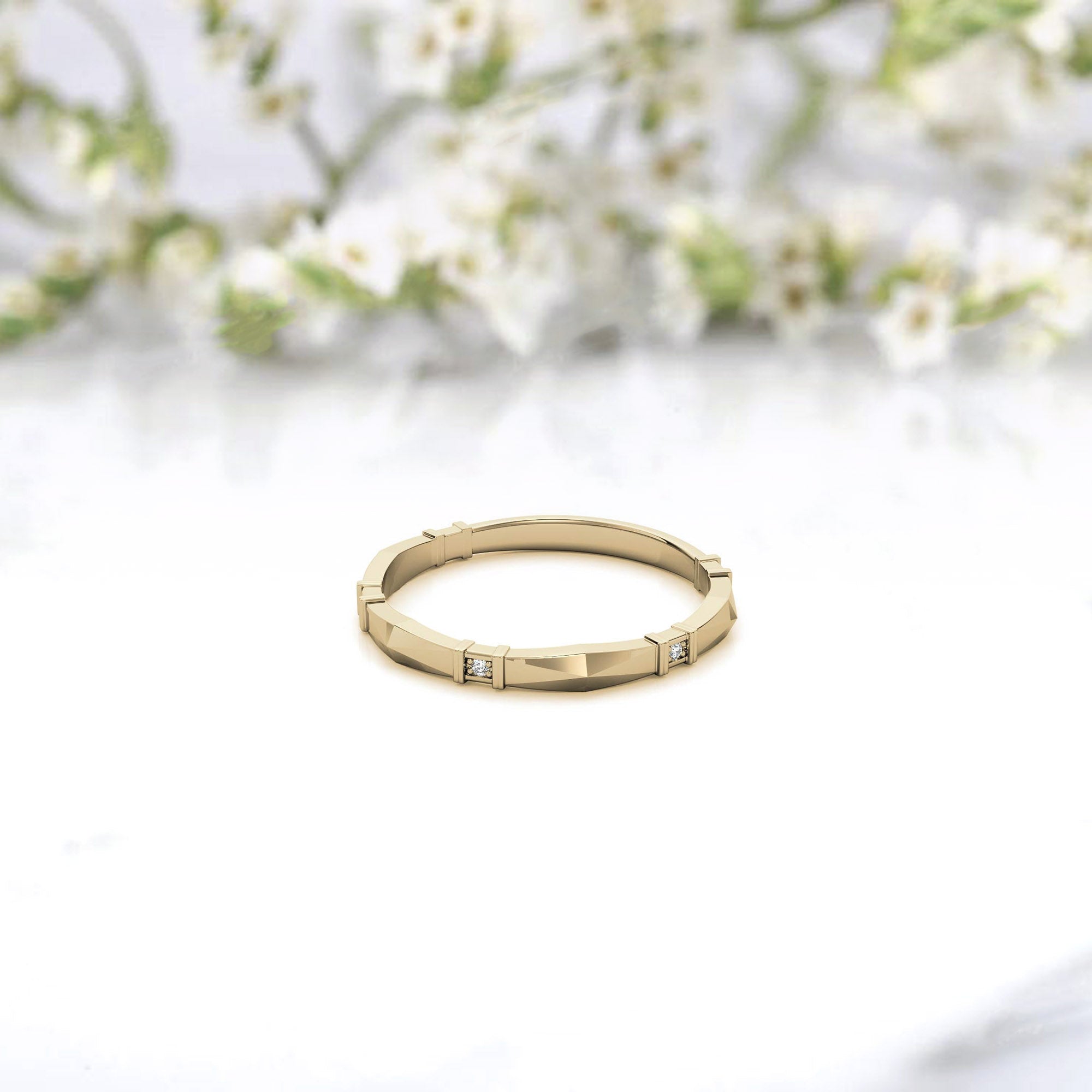 Yellow Gold Silver Elegant Stackable Adjustable Geometric Faceted Channel-Set Ring For Woman