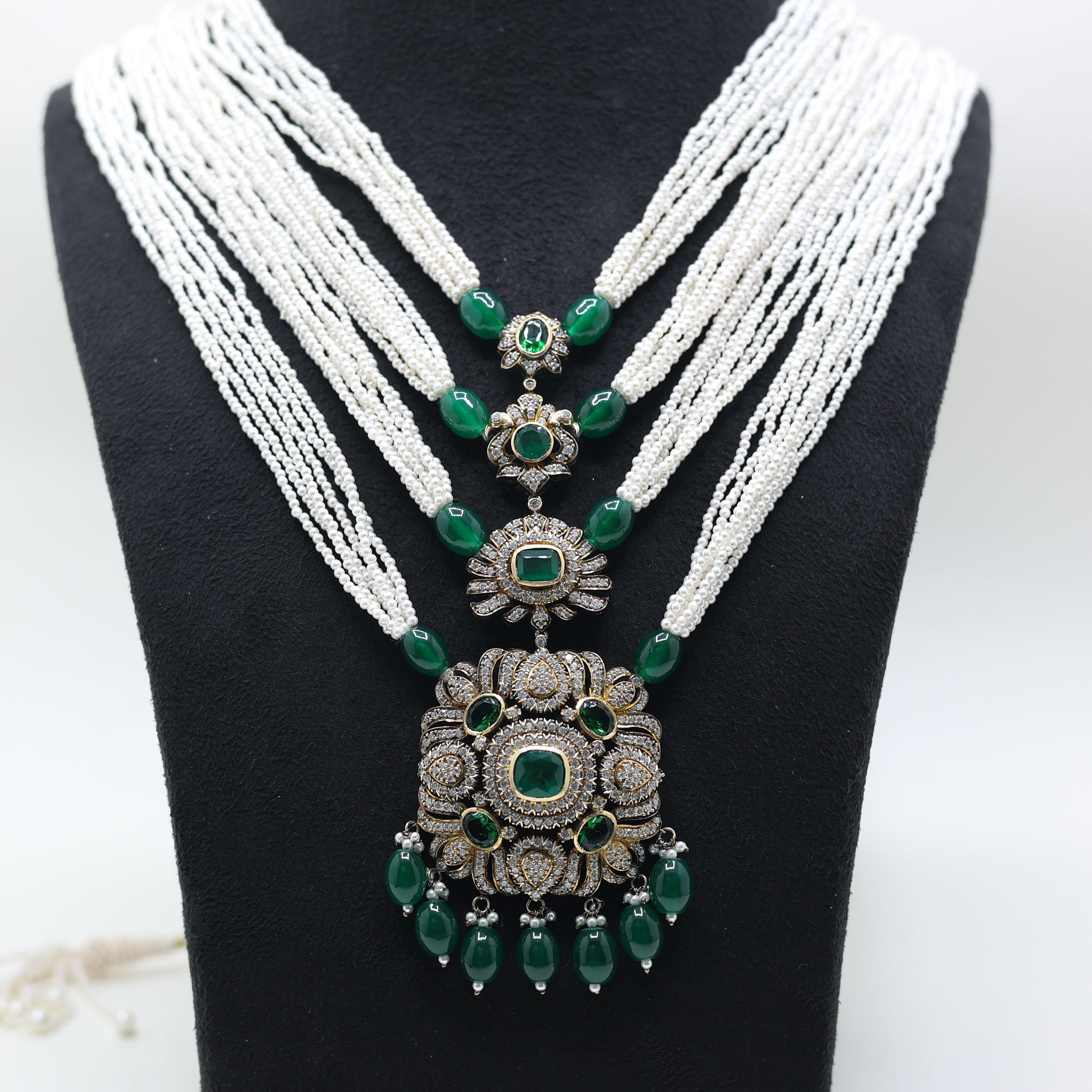 Antique Plated Green Stone Layered Necklace For Women