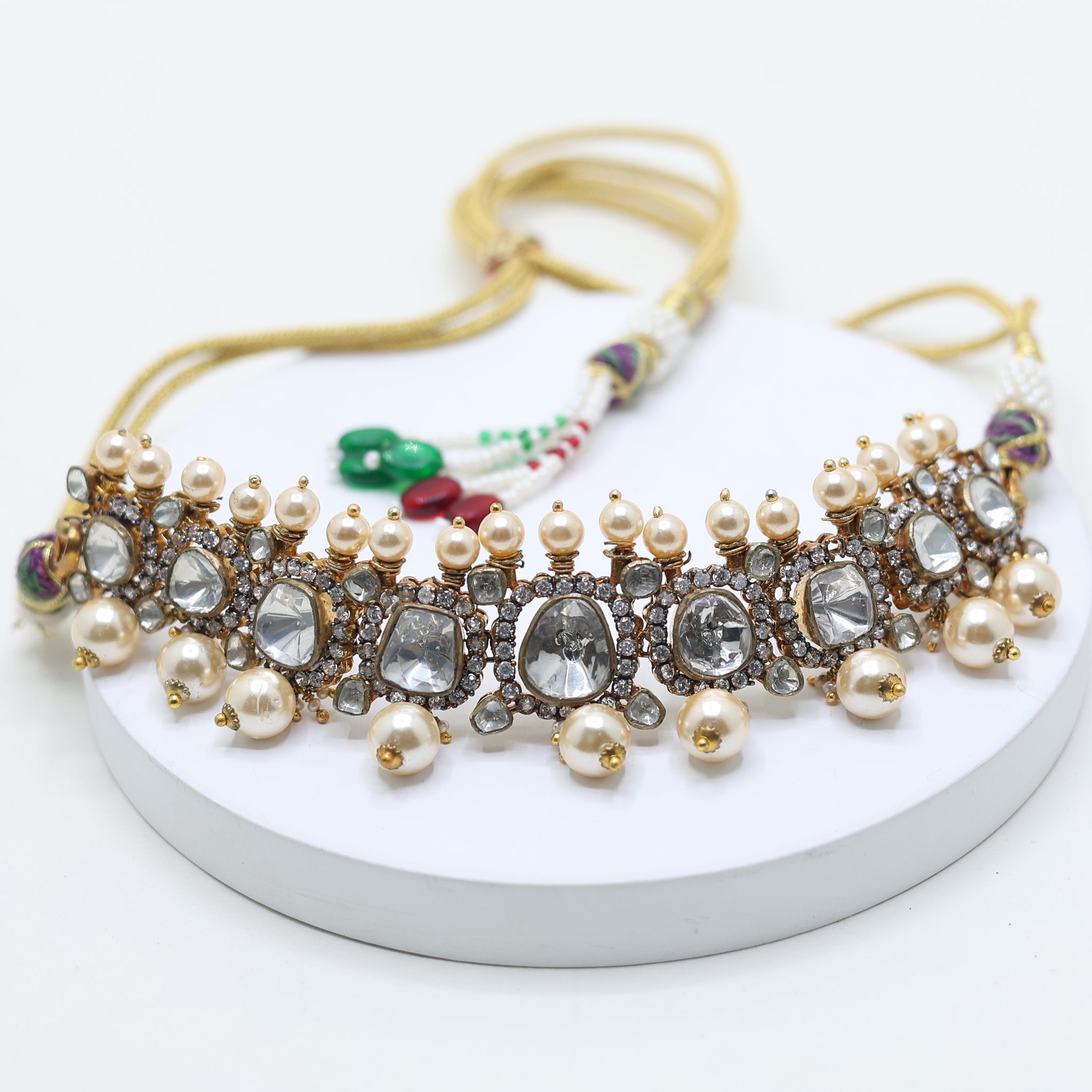 Yellow Gold Plated Pearl Kundan Choker Necklace For Women