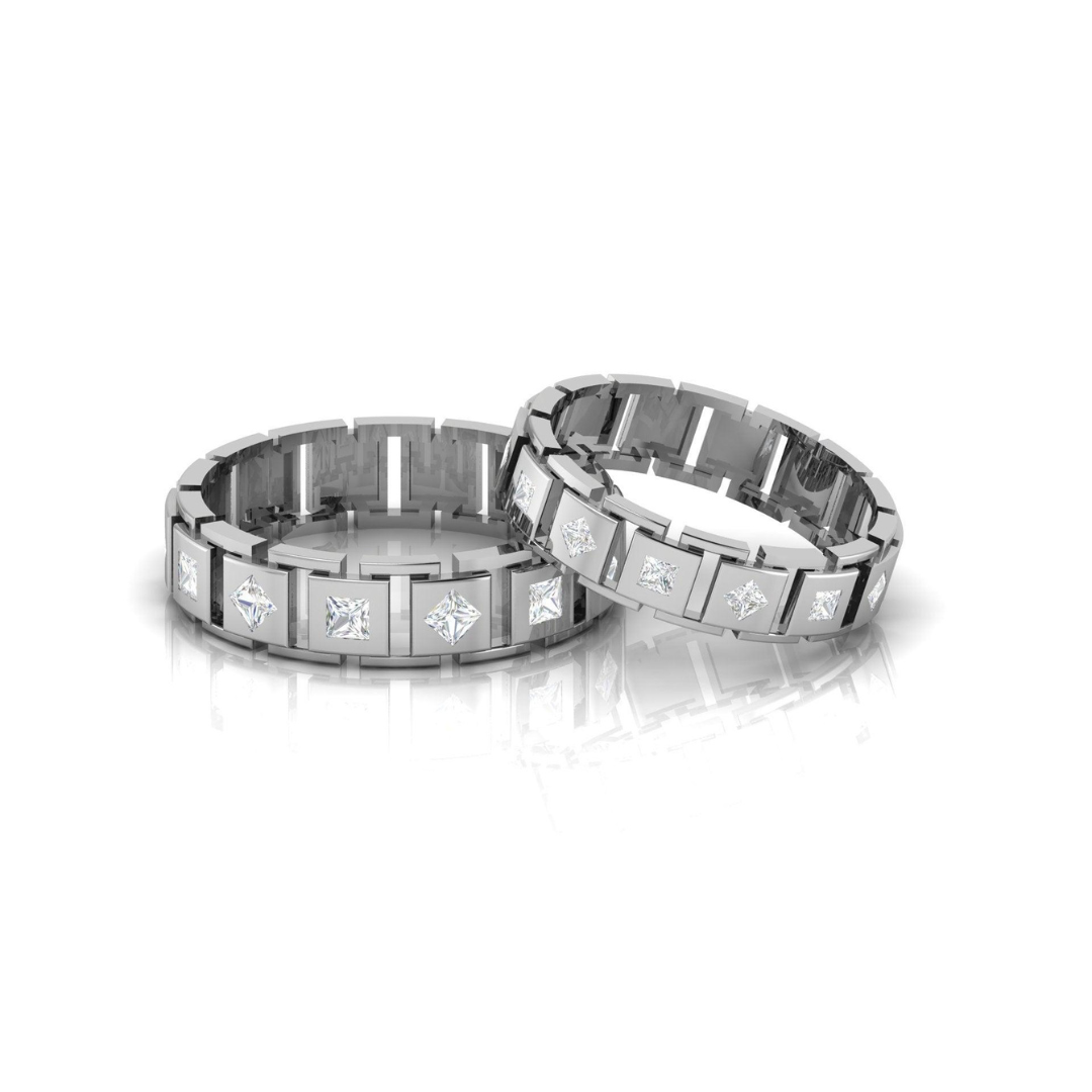 Square-Cut Diamond White Gold Adjustable Silver Luxurious Band For Couple