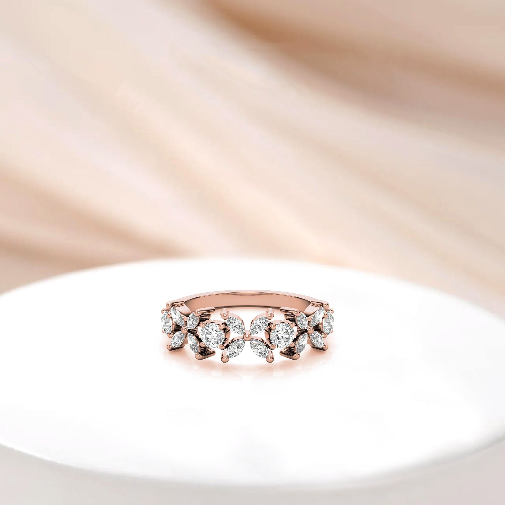 Rose Gold Silver Floral Eternity Adjustable Marquise-Cut Ring For Woman