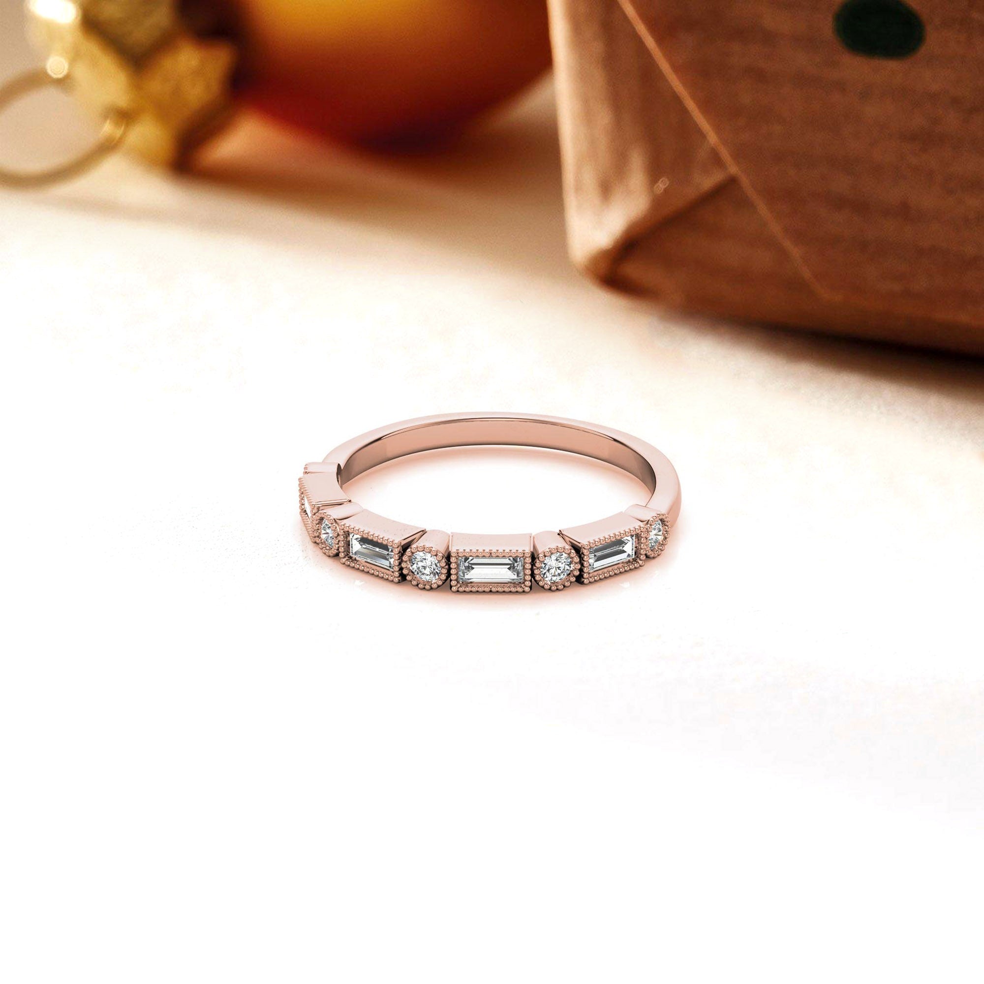 Rose Gold Silver Dual-Shaped Adjustable Baguette Milgrain Ring For Woman