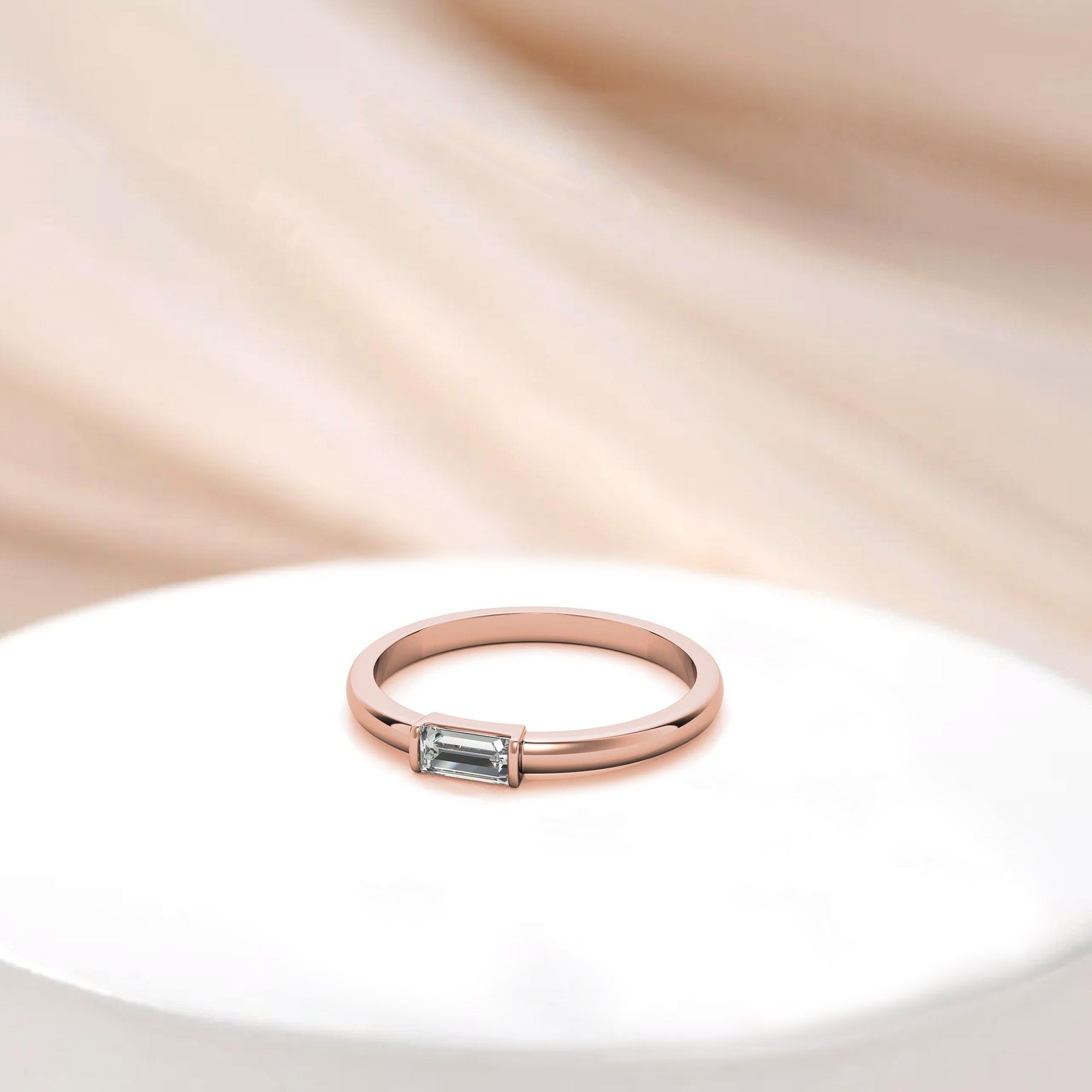 Rose Gold Silver Small Bezel Adjustable Horizontal Baguette Ring for Women