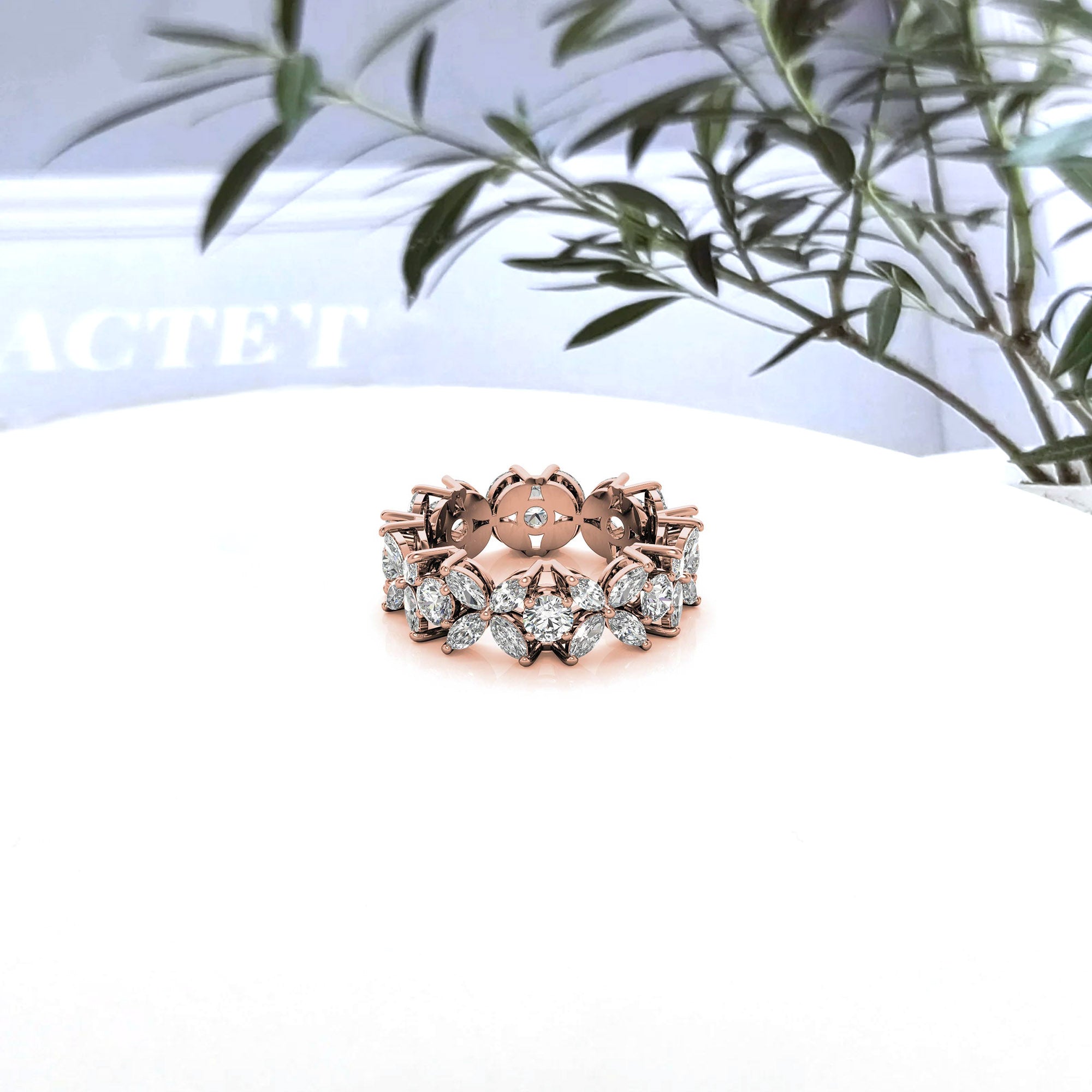 Graceful Sterling Silver Rose Gold Marquise and Round-Cut Diamond Floral Eternity Band For Women