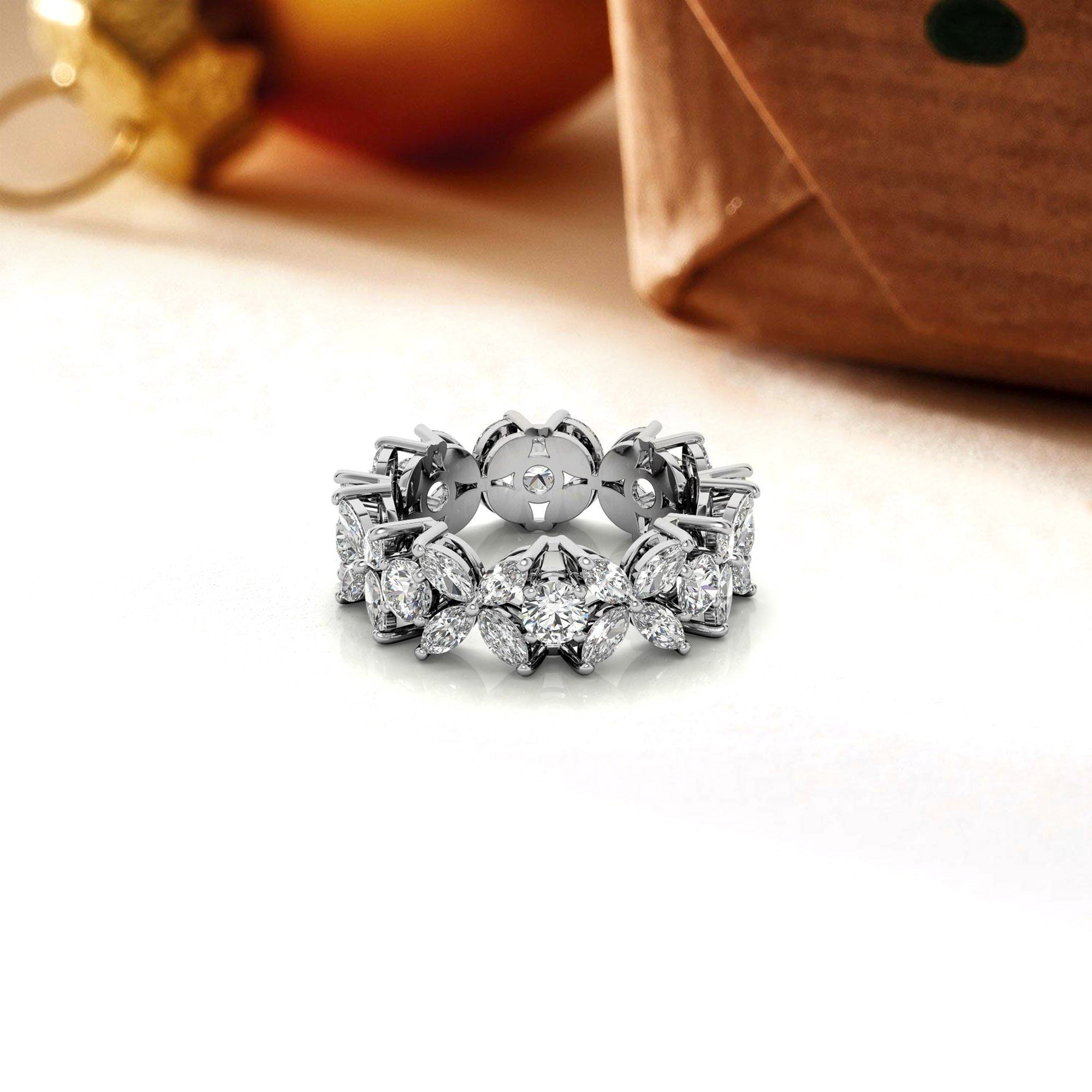 Graceful Sterling Silver White Gold Marquise and Round-Cut Diamond Floral Eternity Band For Women