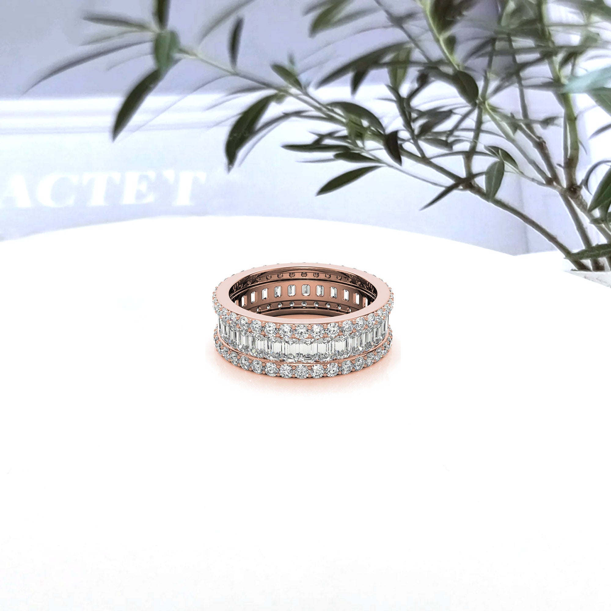 Three Tier Round and Emerald Cut Diamond Rose Gold Sparkling Sterling Silver Luxury Eternity Band For Women