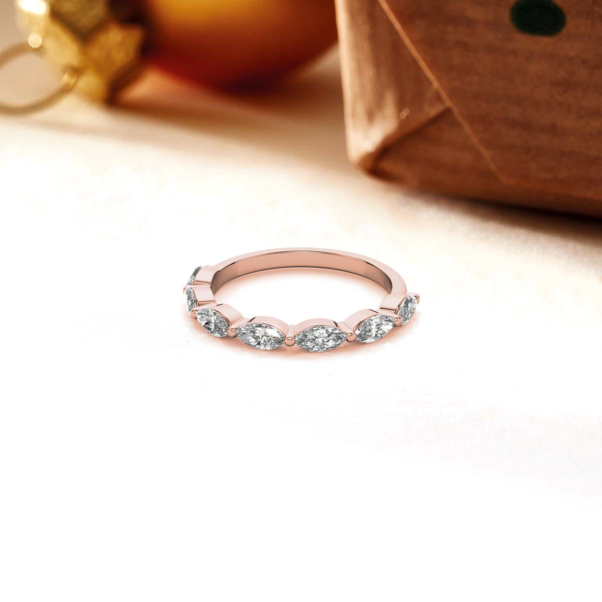 Marquise-Cut Diamond Rose Gold Adjustable Sterling Silver Timeless Half Eternity Band For Women