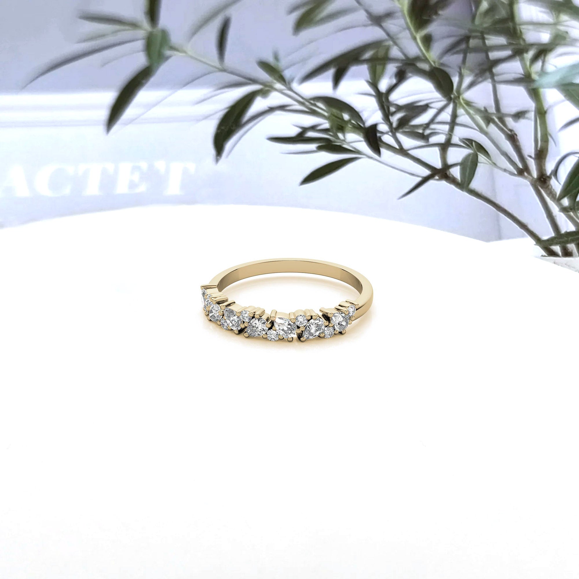 Sterling Silver Classic Adjustable  Pear And Round Cut  Yellow Gold Eternity Ring For Women