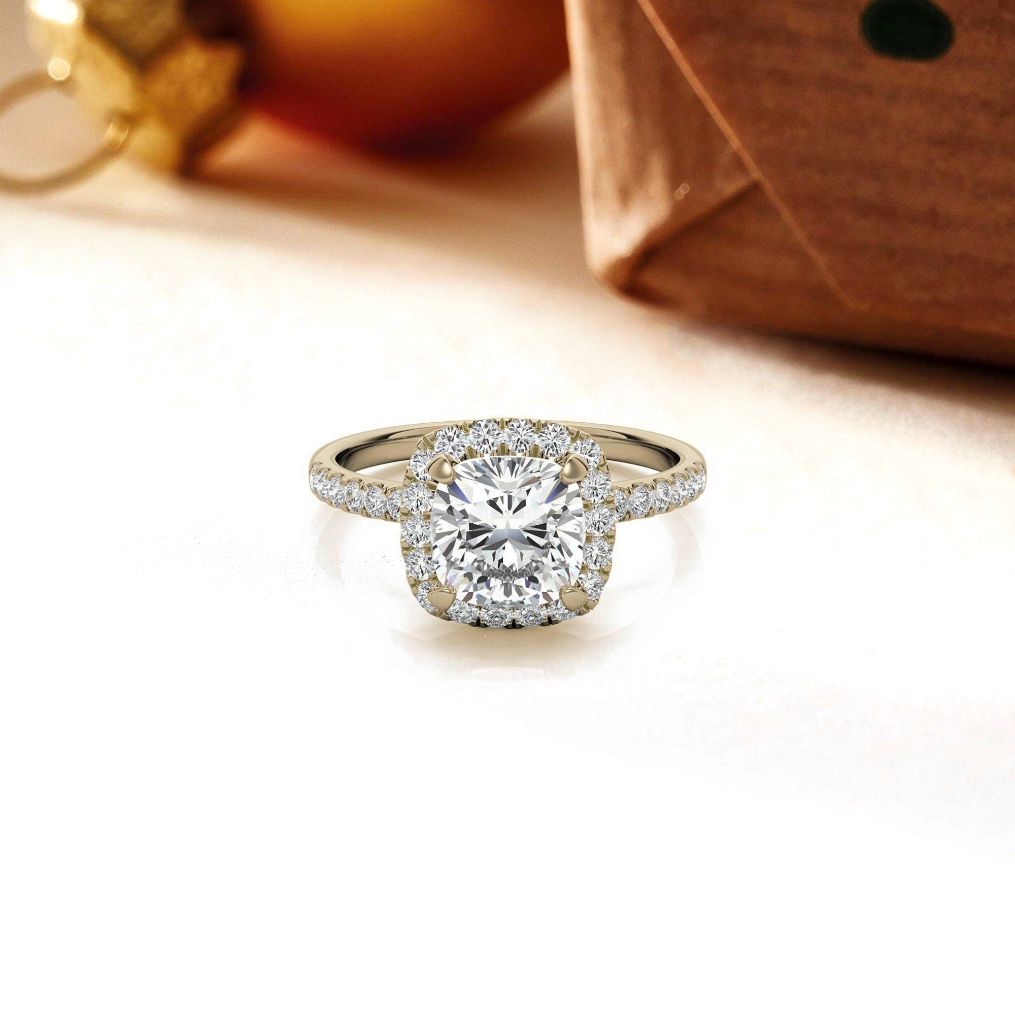 Adjustable Sterling Silver classic Yellow Gold Cushion Cut Solitaire Halo Ring For Women