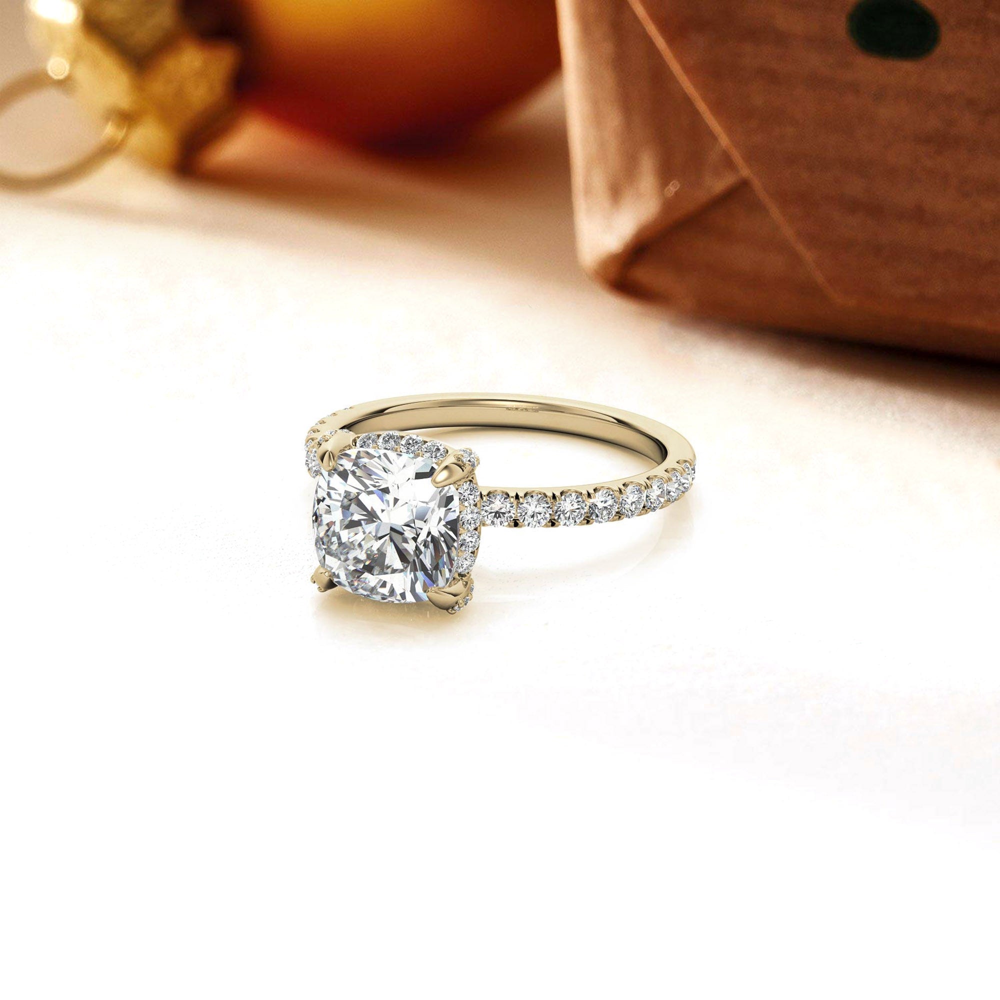 Cushion-Cut Solitaire Yellow Gold Adjustable Sterling Silver Classic Halo Ring For Women