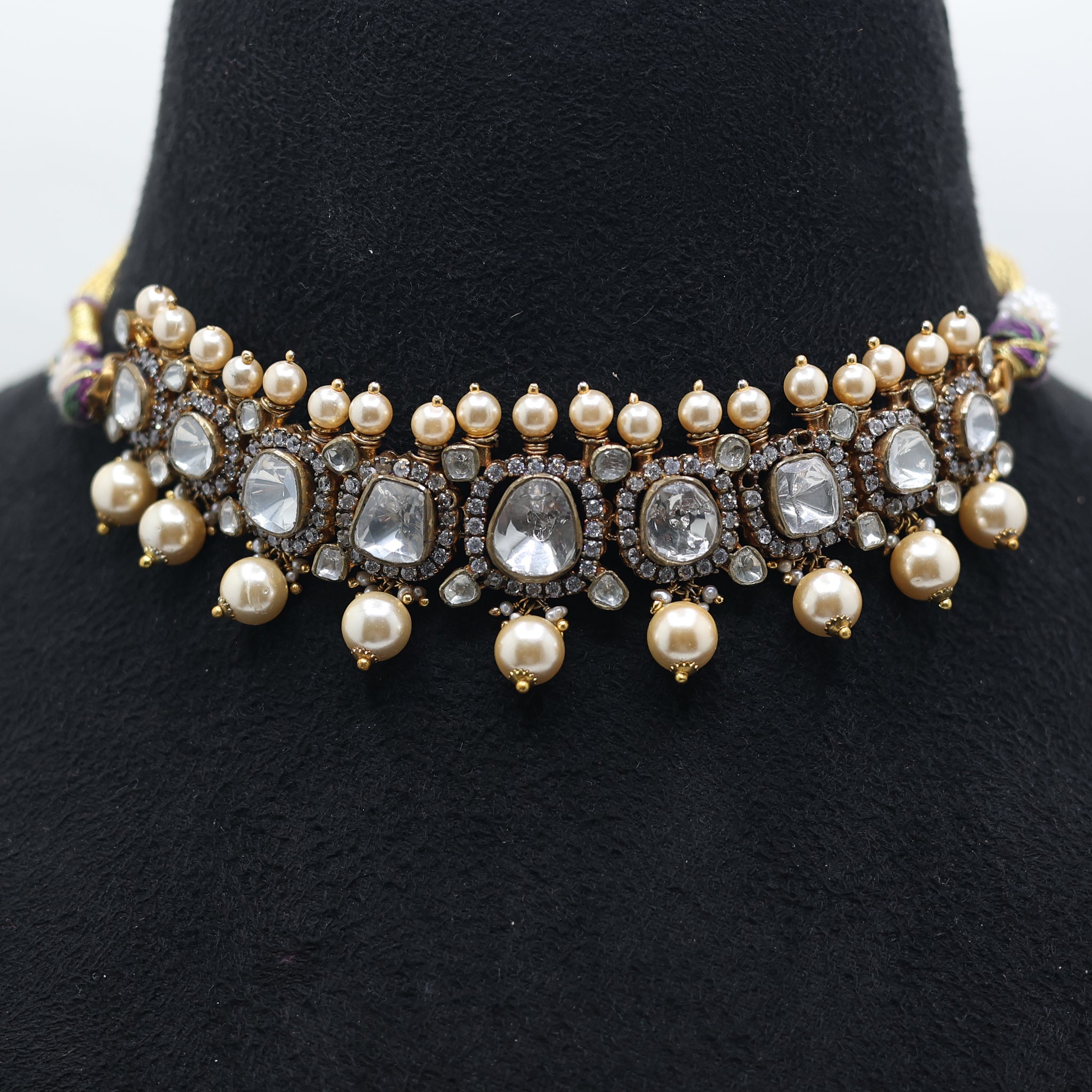 Yellow Gold Plated Pearl Kundan Choker Necklace For Women