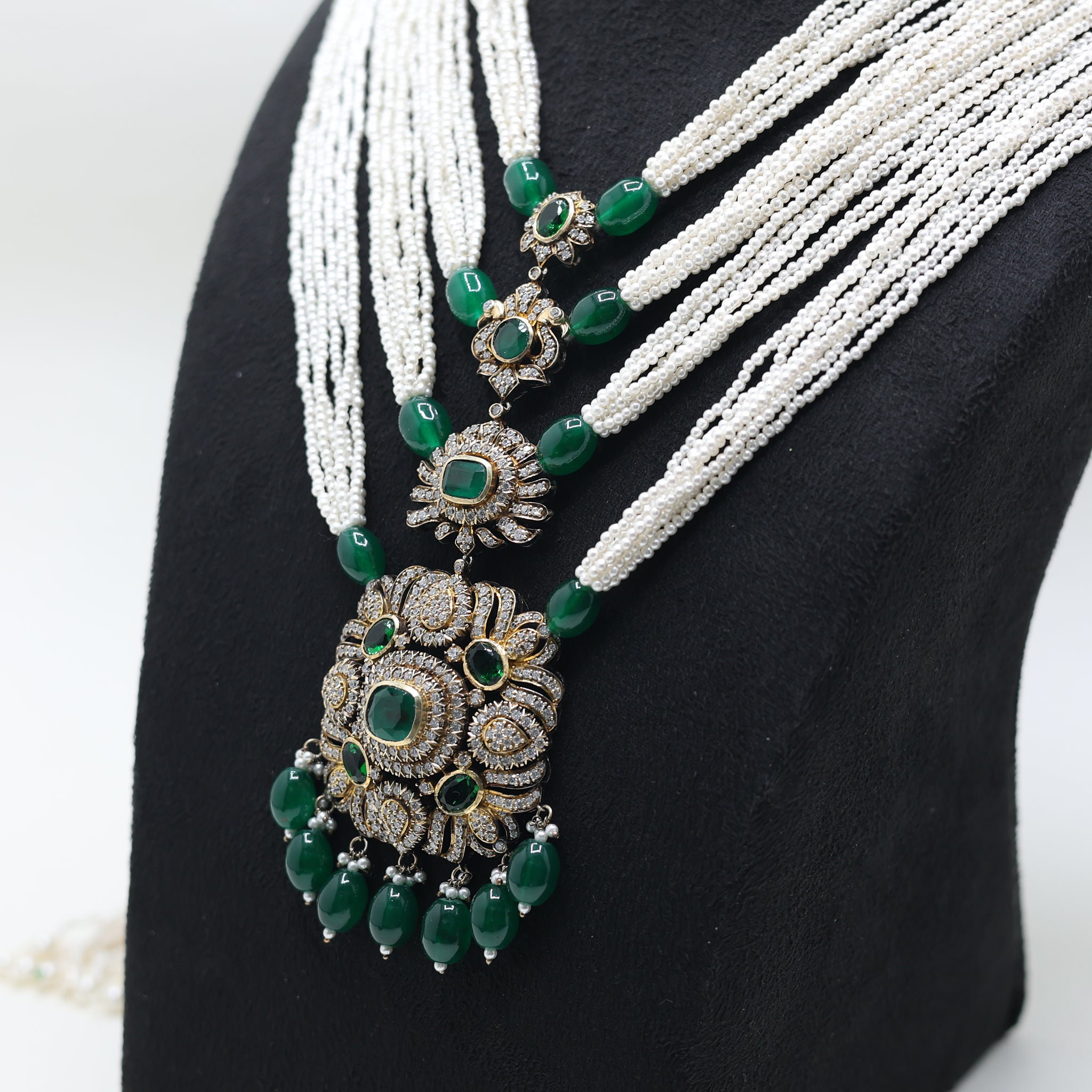 Antique Plated Green Stone Layered Necklace For Women