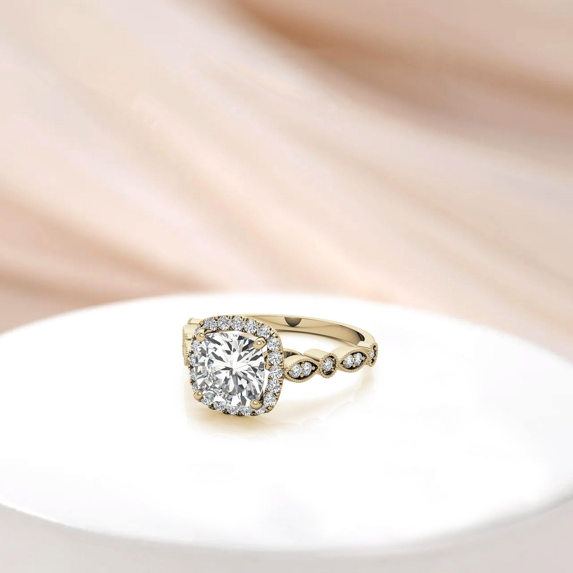 Adjustable Sterling Silver Lustrous Yellow Gold Cushion-Cut vintage-inspired Halo Ring For Women