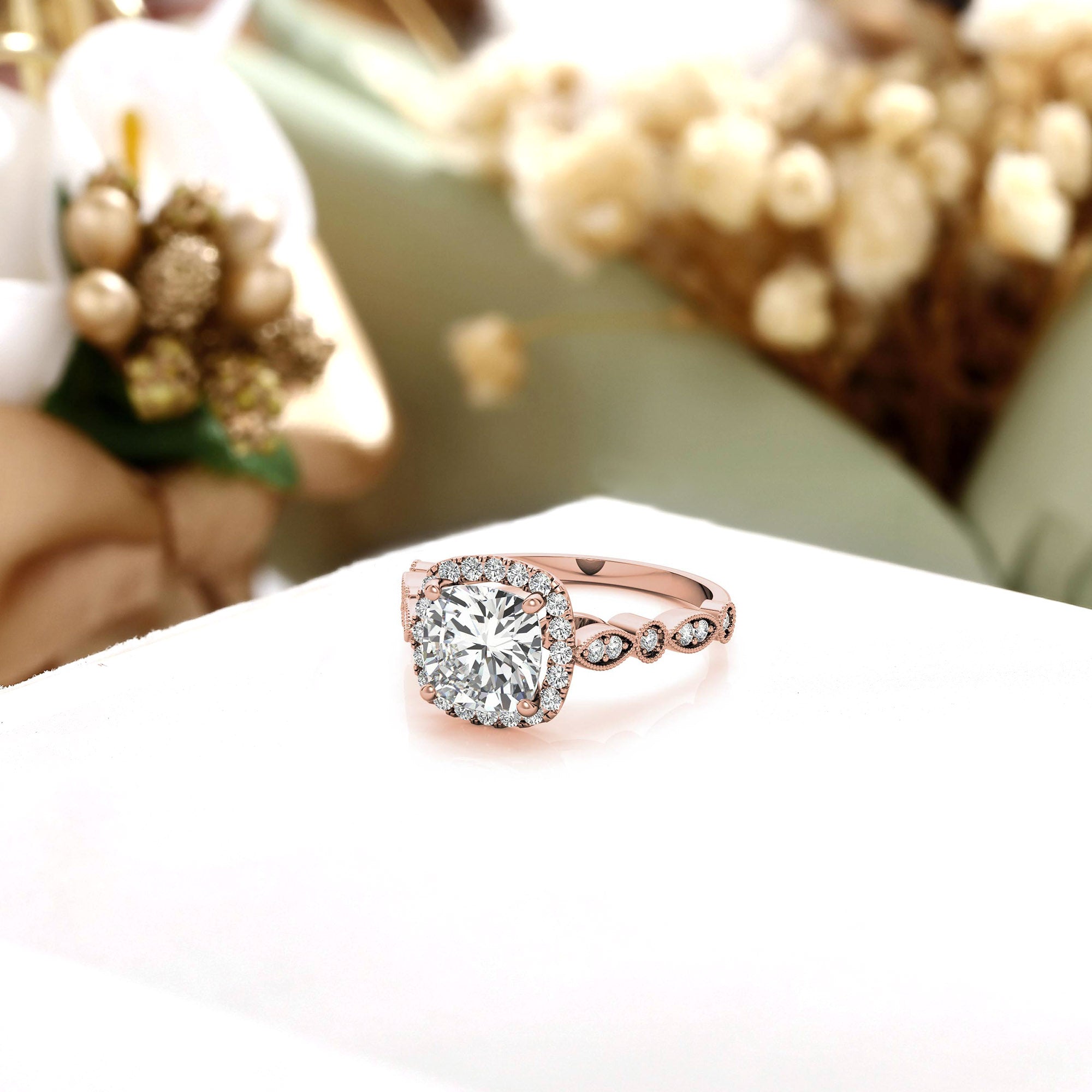 Adjustable Sterling Silver Lustrous Rose Gold Cushion-Cut vintage-inspired Halo Ring For Women