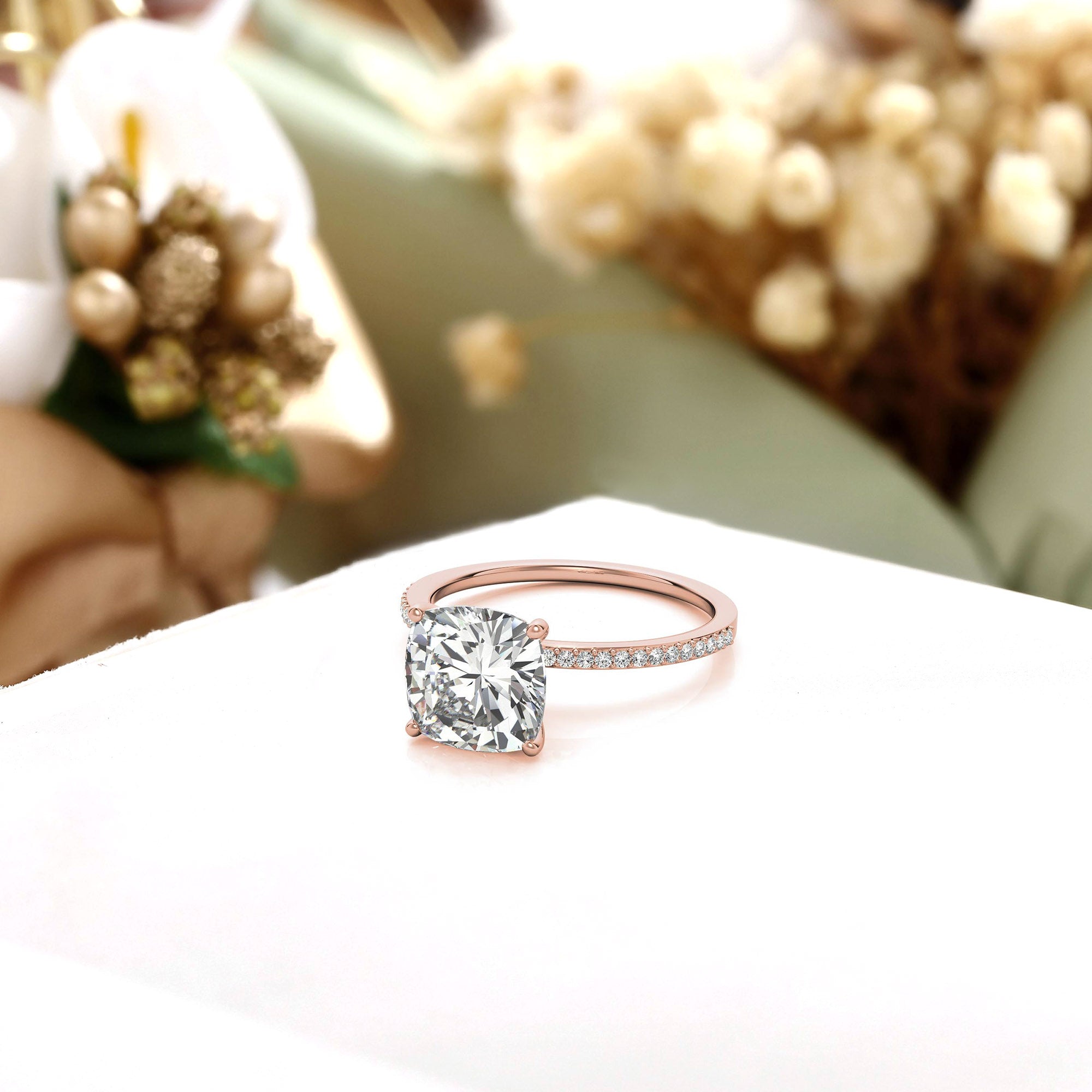 Sterling Silver Sparkling Adjustable Cushion-Cut Rose Gold Engagement Ring For Women