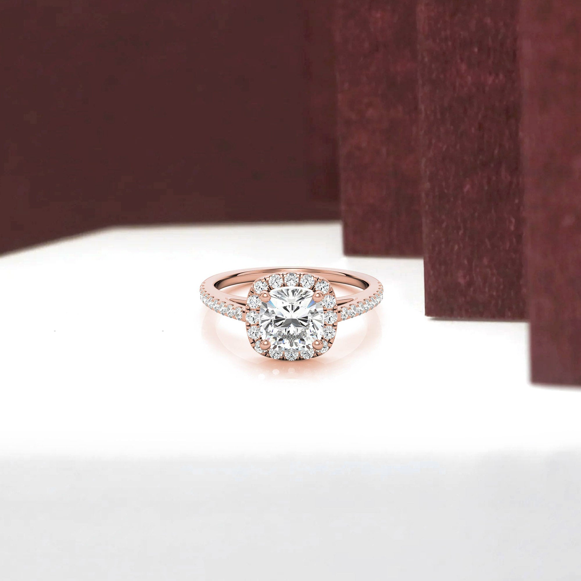 Adjustable Sterling Silver Engagement Rose Gold Halo Cushion-Cut Ring For Woman