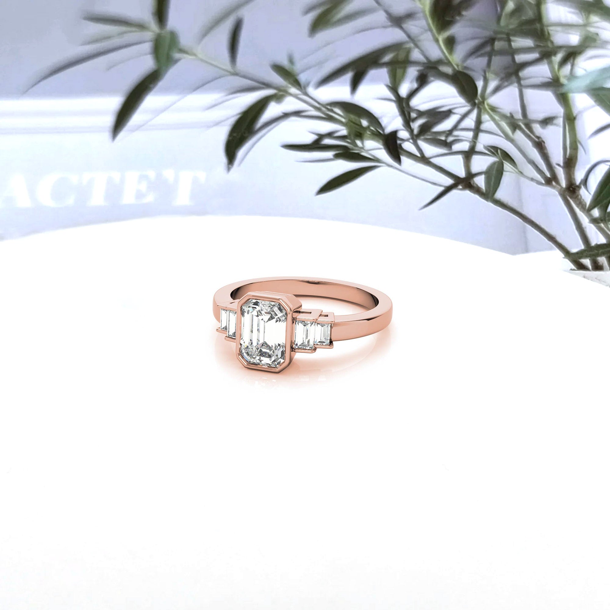 Sterling Silver Emerald-Cut Three-Stone Adjustable Engagement Rose Gold Ring For Woman