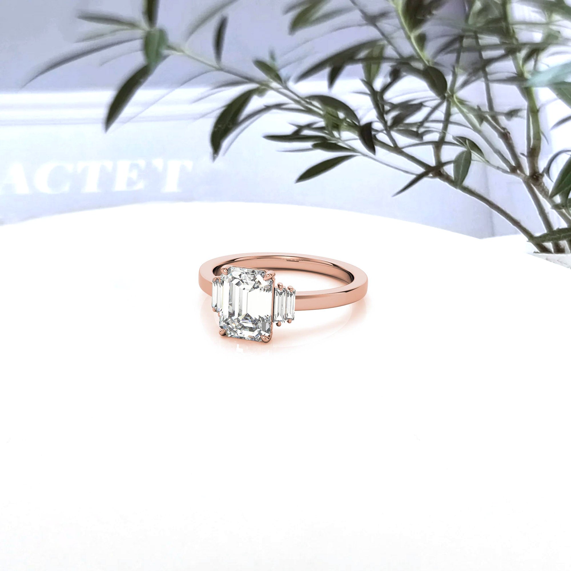 Sterling Silver Emerald-Cut Center Stone With Baguette Adjustable  Engagement Rose Gold Ring For Woman