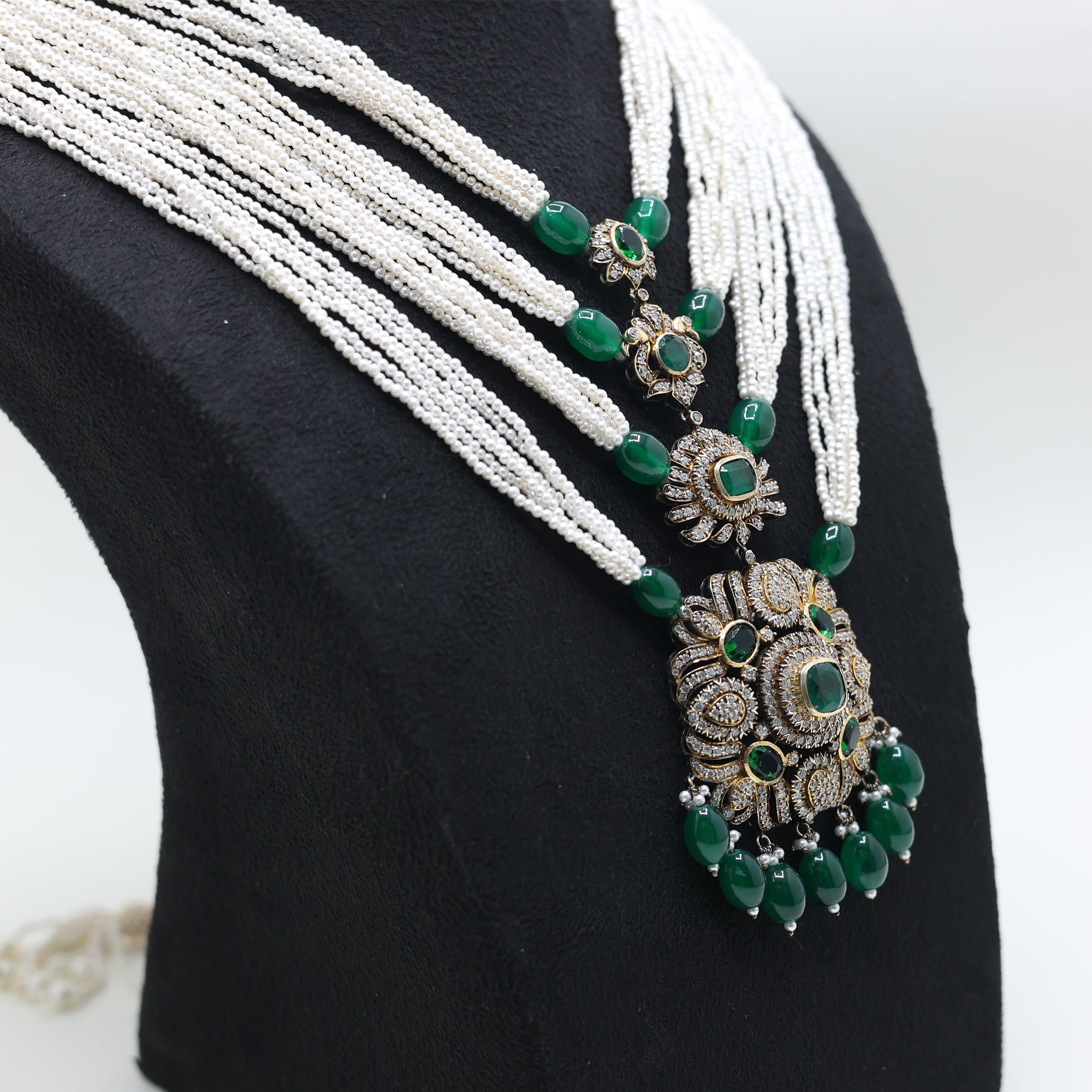 Antique Plated Green Stone Layered Necklace For Women