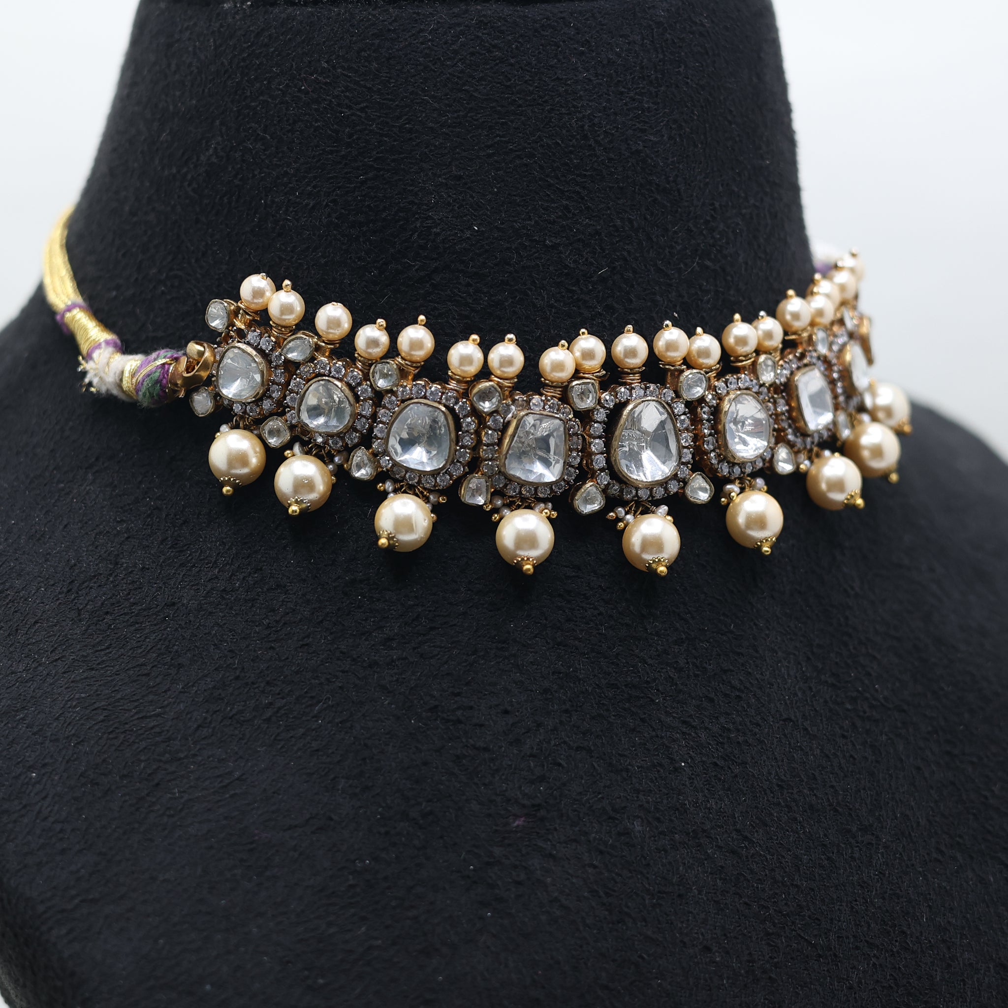 Yellow Gold Plated Pearl Kundan Choker Necklace For Women