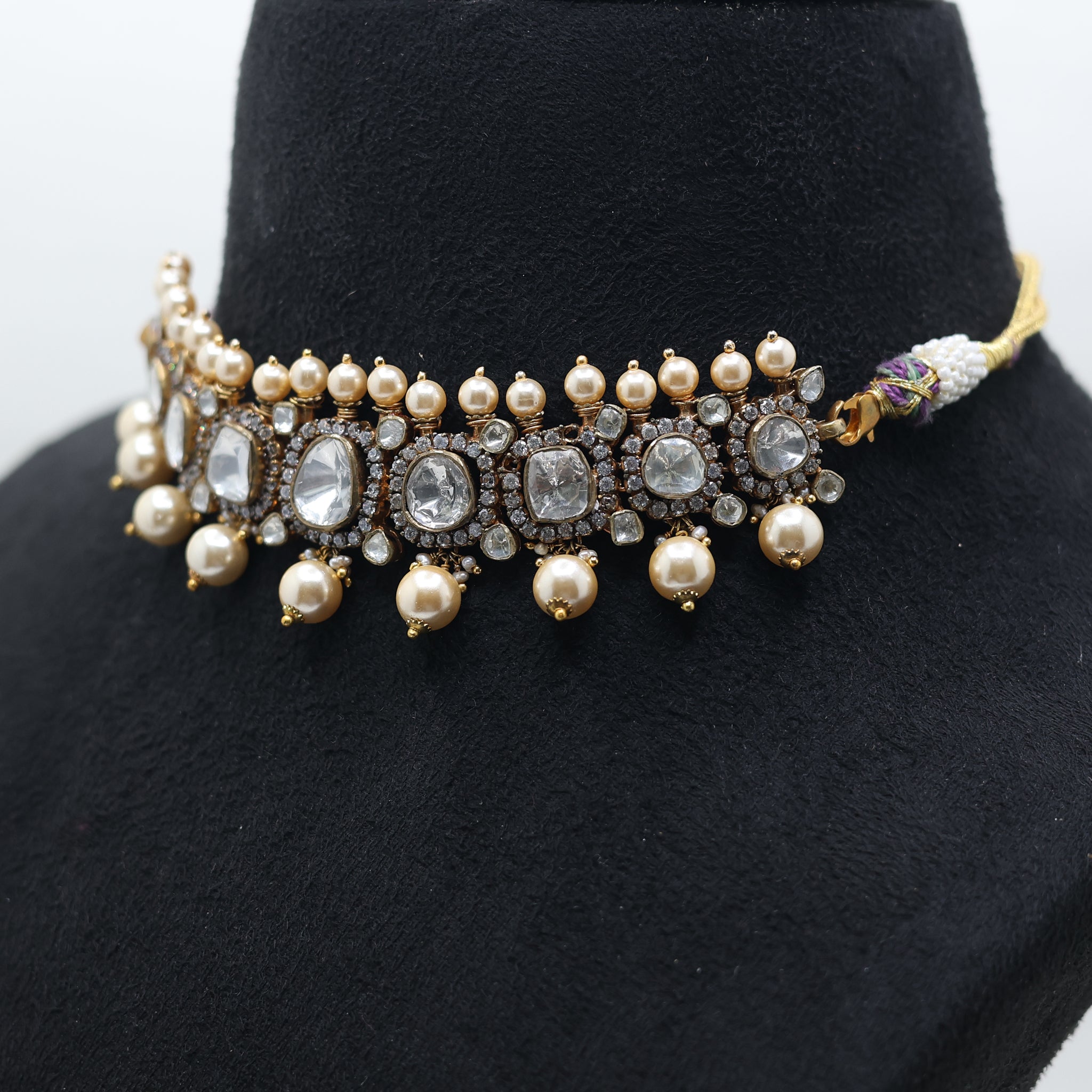 Yellow Gold Plated Pearl Kundan Choker Necklace For Women