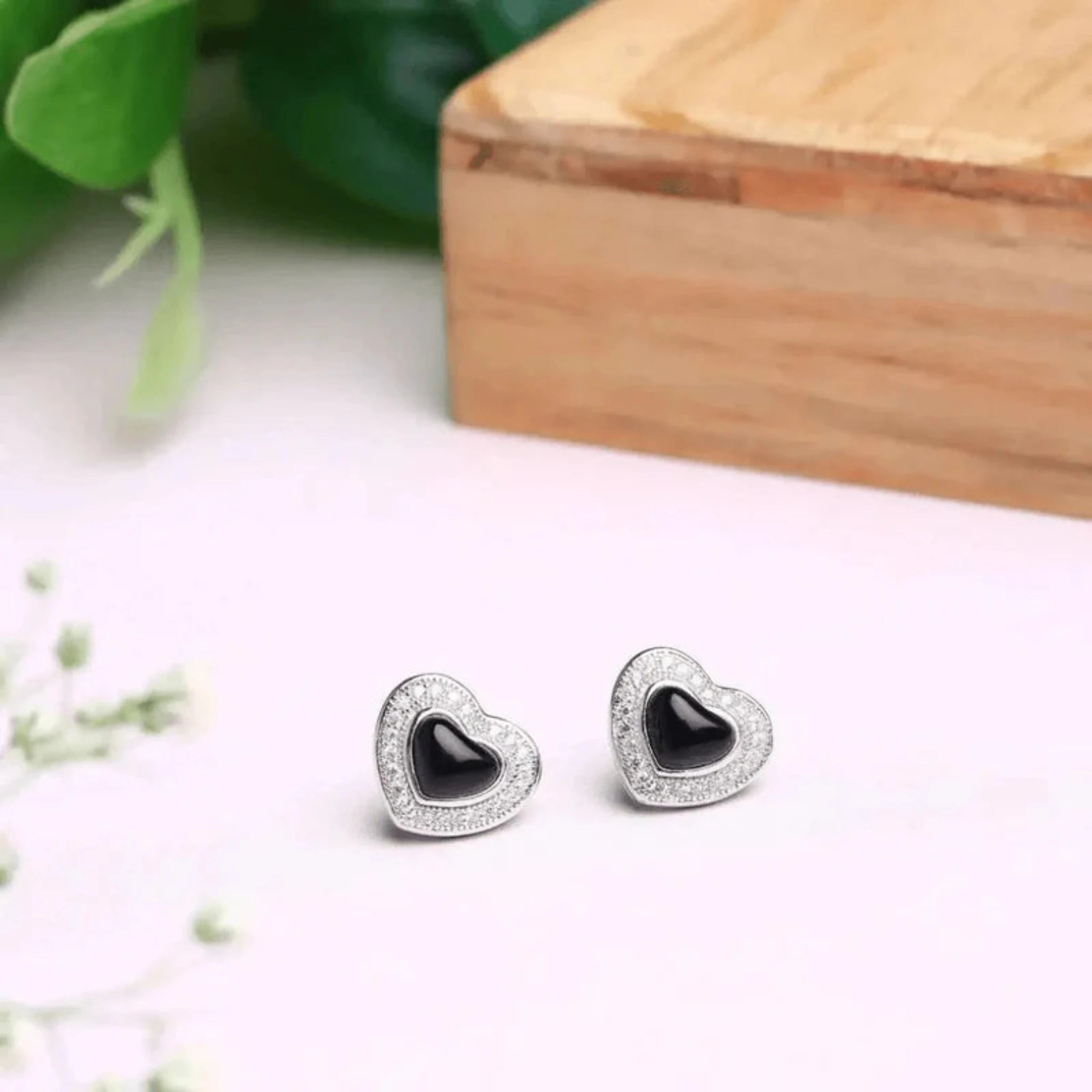 Silver Black Onyx Heart Double Layer Petite Stud White Gold Earring For Woman