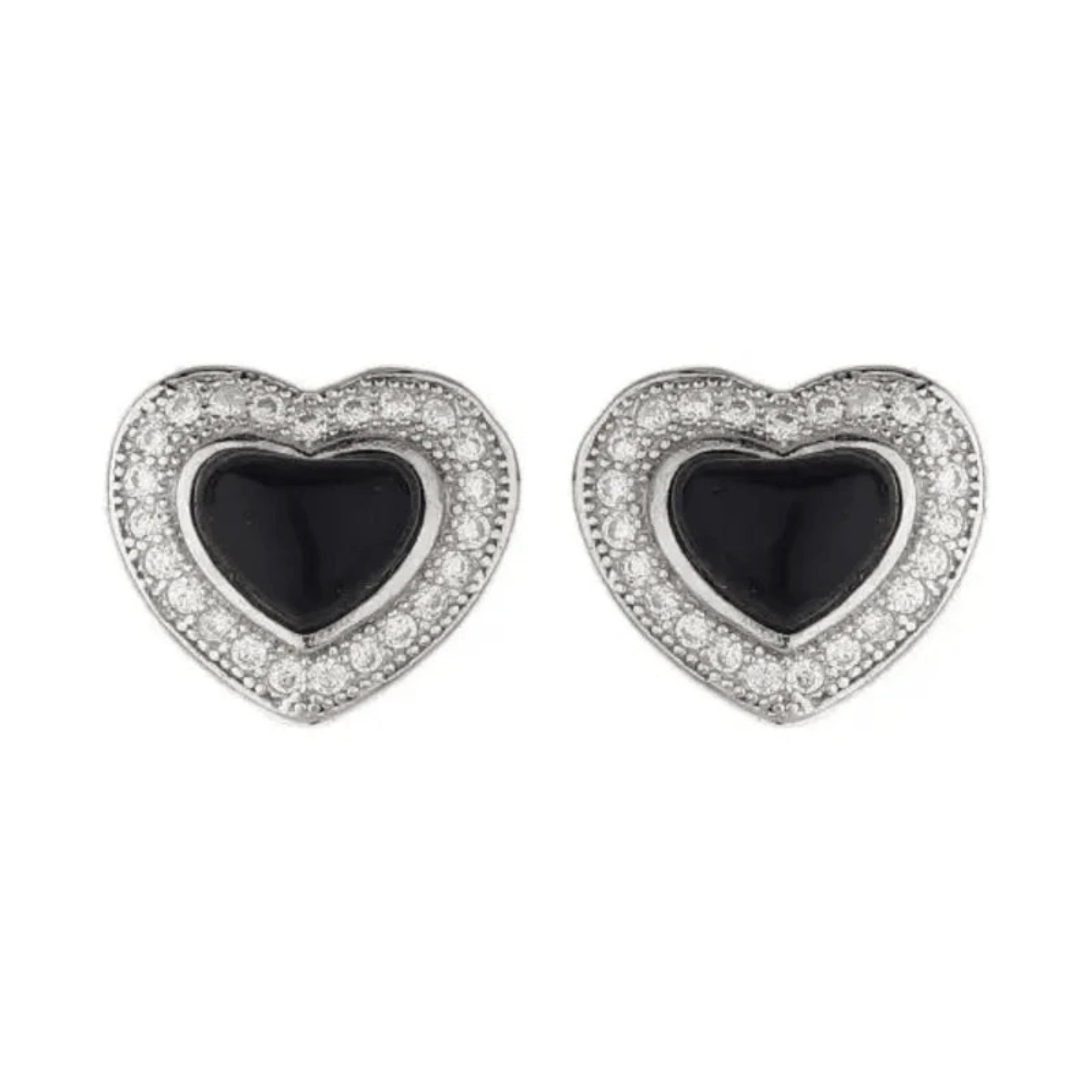 Silver Black Onyx Heart Double Layer Petite Stud White Gold Earring For Woman