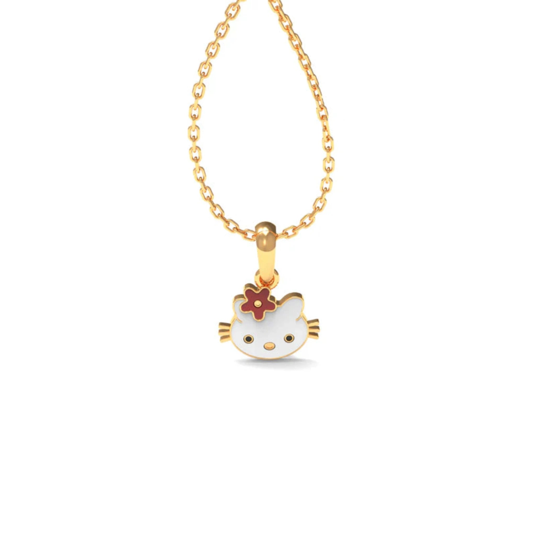 Petite Red Flower Silver Yellow Gold Cute Cartoon Cat Face Pendant For Kids