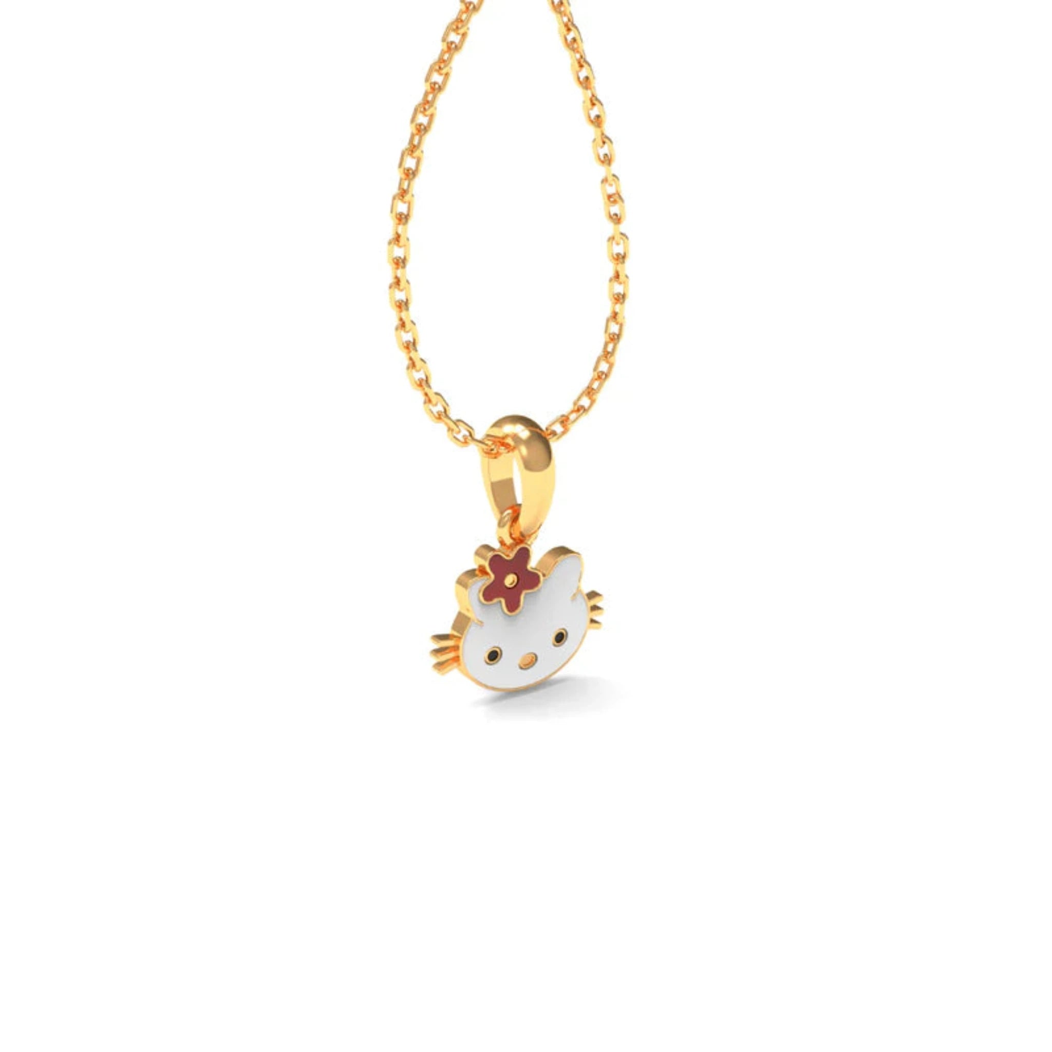 Petite Red Flower Silver Yellow Gold Cute Cartoon Cat Face Pendant For Kids