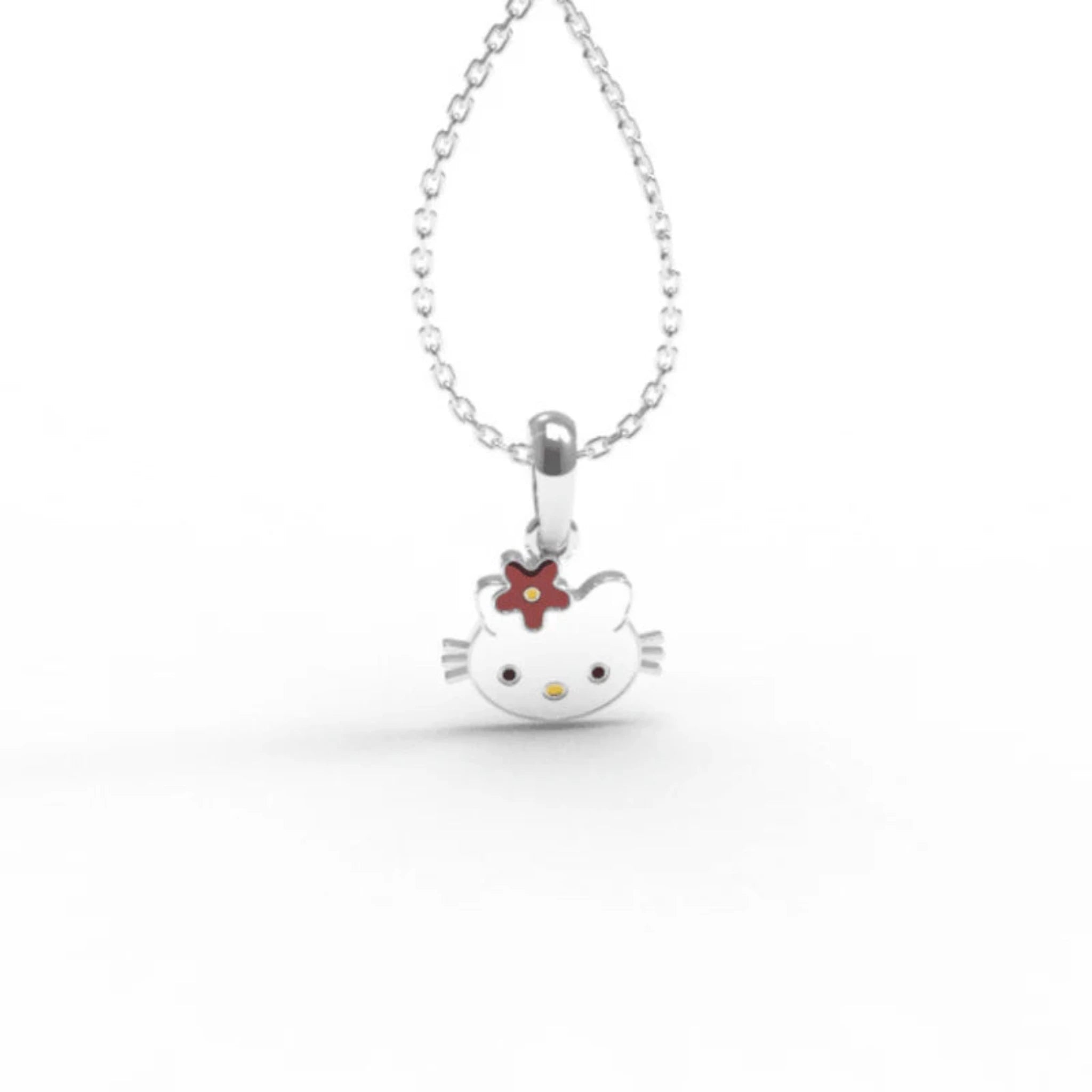 Red Flower Enamel Silver White Gold Mini Cat Face Charm Pendant For Kids