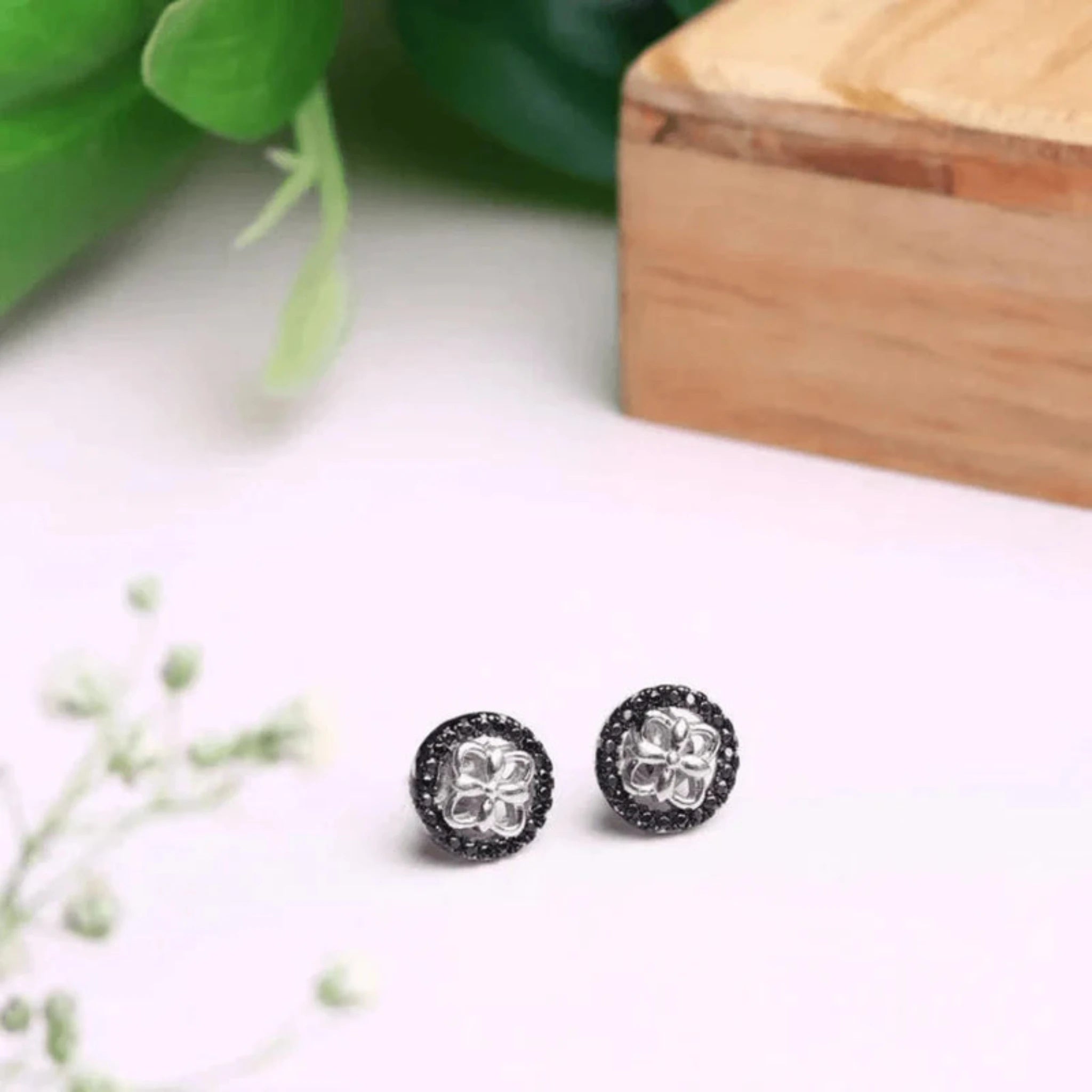 Silver Black CZ Studs Petite Floral Black Sphere White Gold Earring For Women