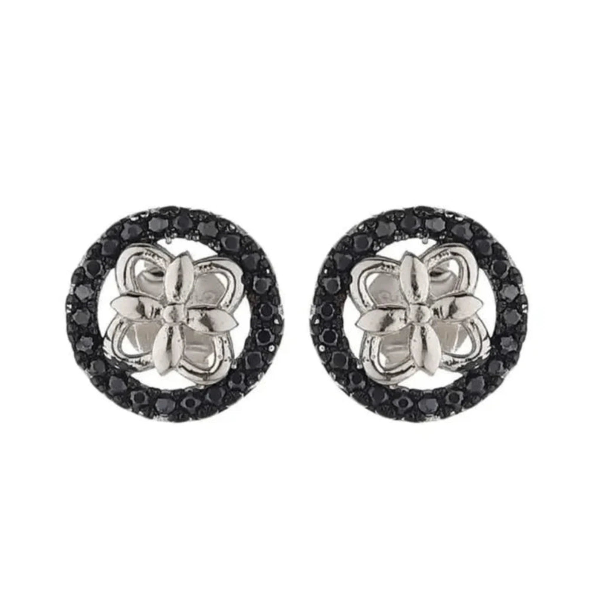 Silver Black CZ Studs Petite Floral Black Sphere White Gold Earring For Women