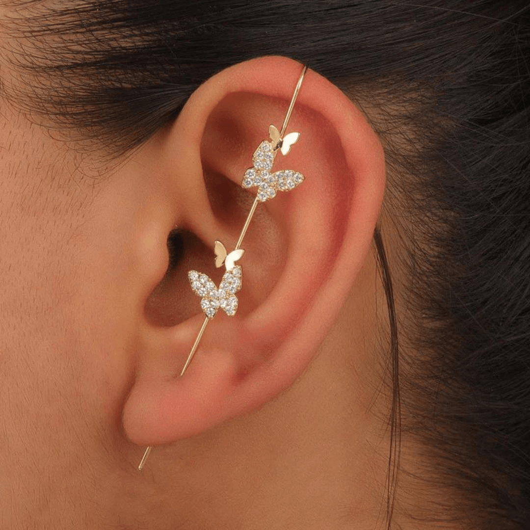 925 Sterling Silver Cultural Elegance Butterfly Zircon Gold-Plated Earcuff East Asia Earrings - Auory