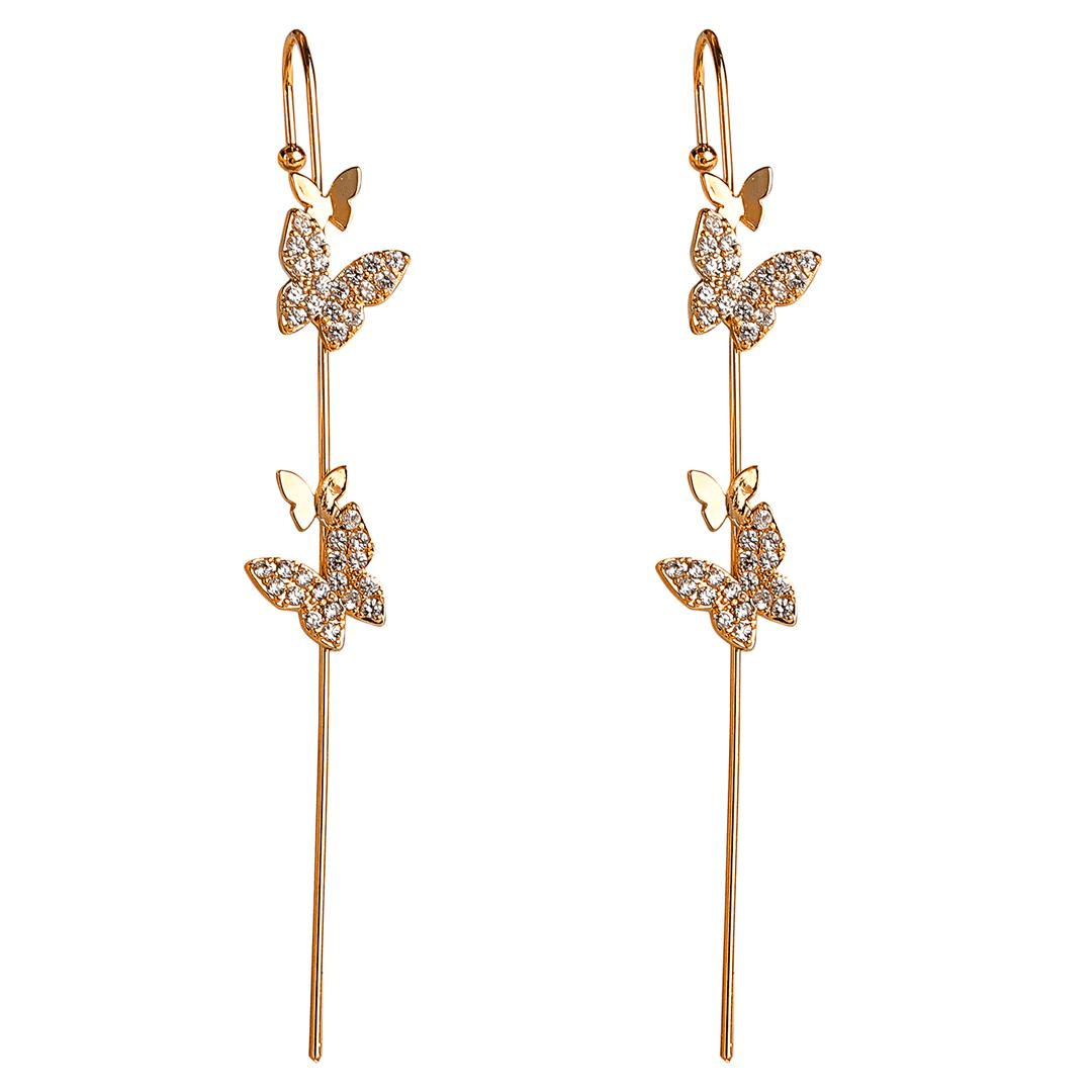925 Sterling Silver Cultural Elegance Butterfly Zircon Gold-Plated Earcuff East Asia Earrings - Auory