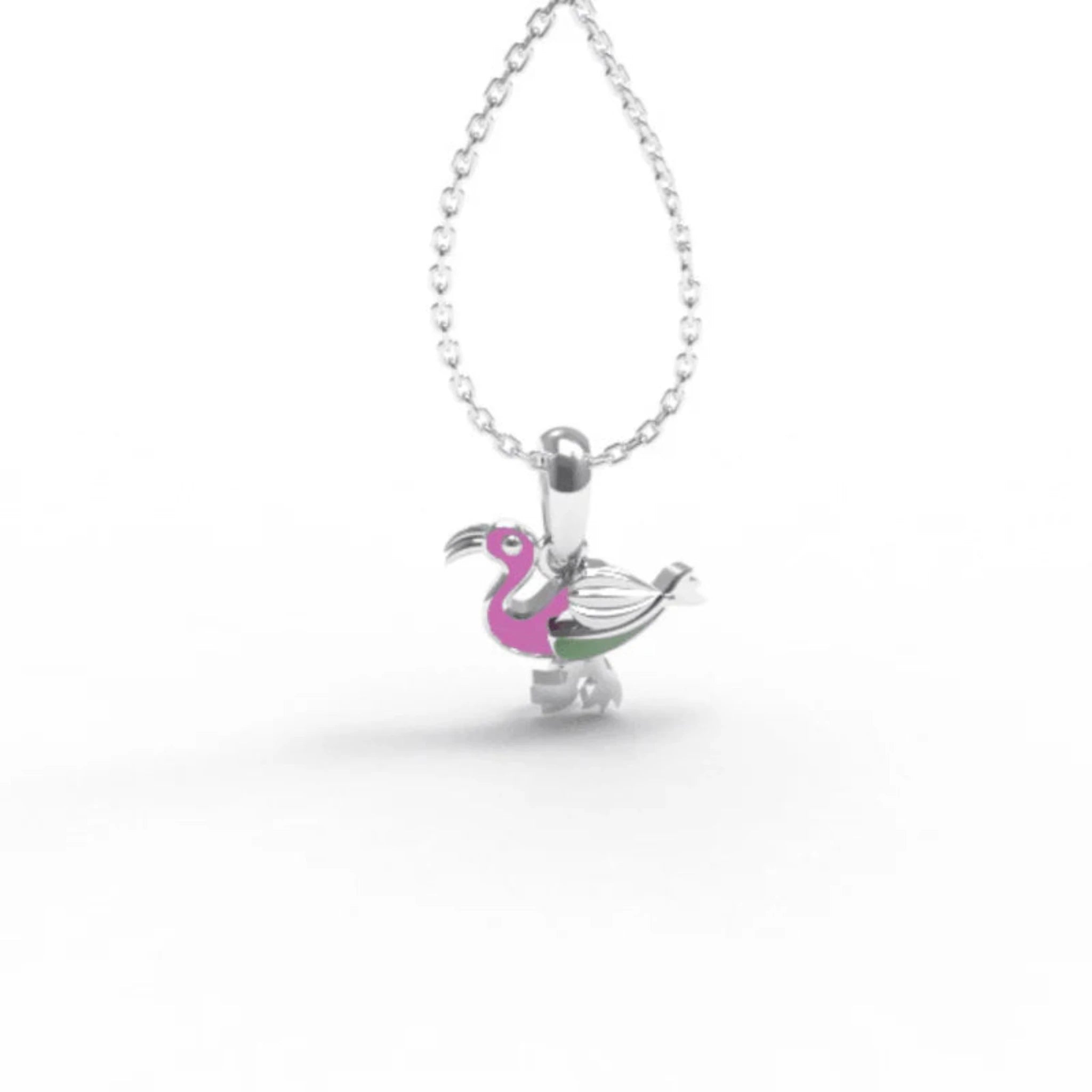 Petite Pink & Green Enamel Silver White Gold Tiny Flamingo Pendant for Kids